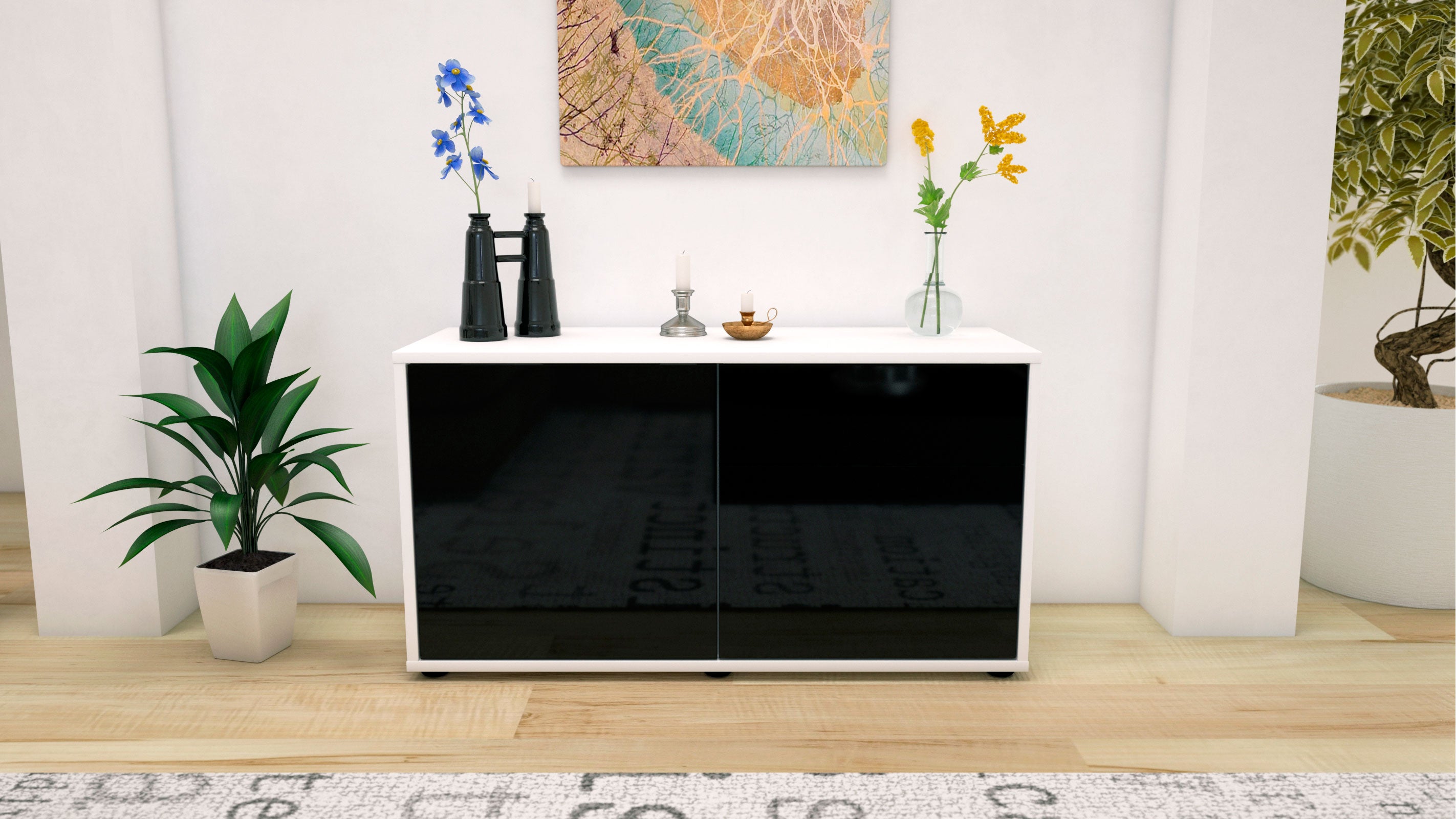 Lowboard - Aja - Design Hochglanz - Freistehend mit Push to Open 92 cm Weiss