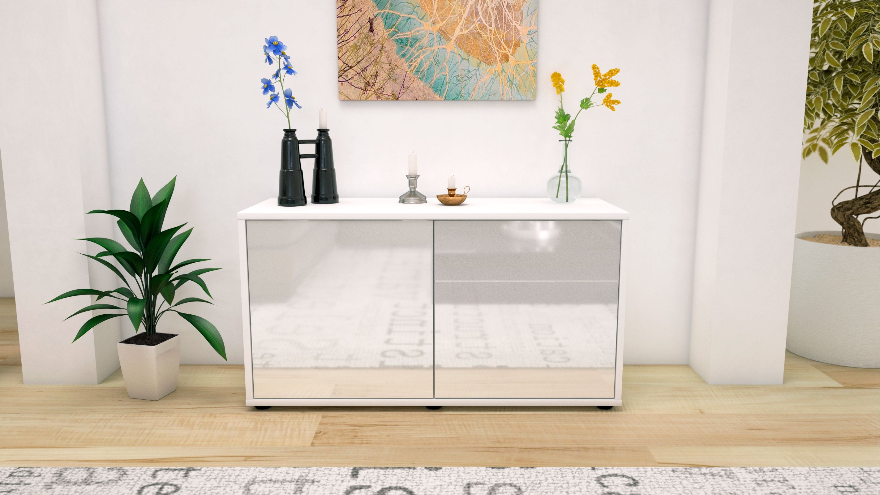 Lowboard - Aja - Design Hochglanz - Freistehend mit Push to Open 92 cm Weiss