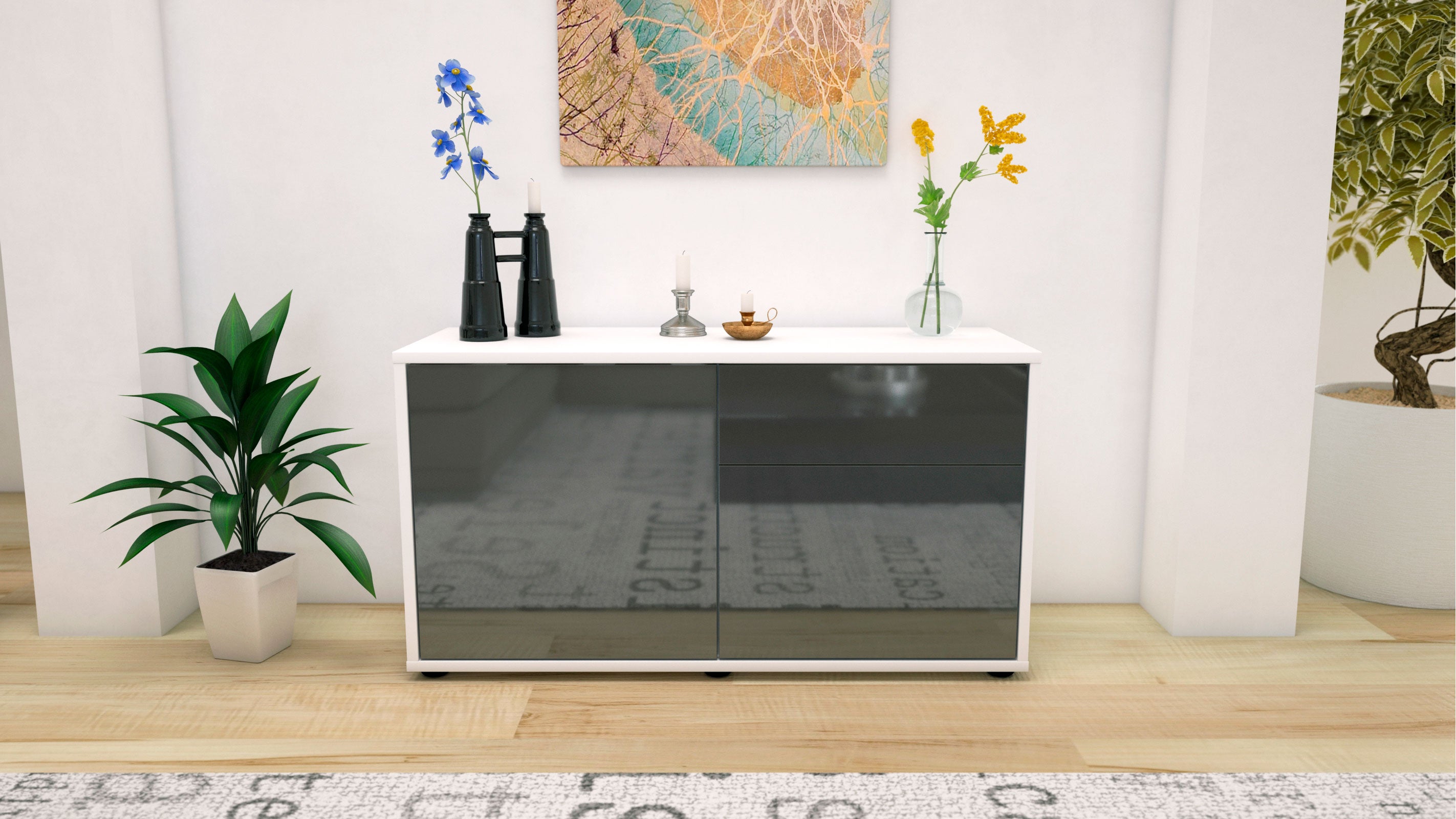 Lowboard - Aja - Design Hochglanz - Freistehend mit Push to Open 92 cm Weiss