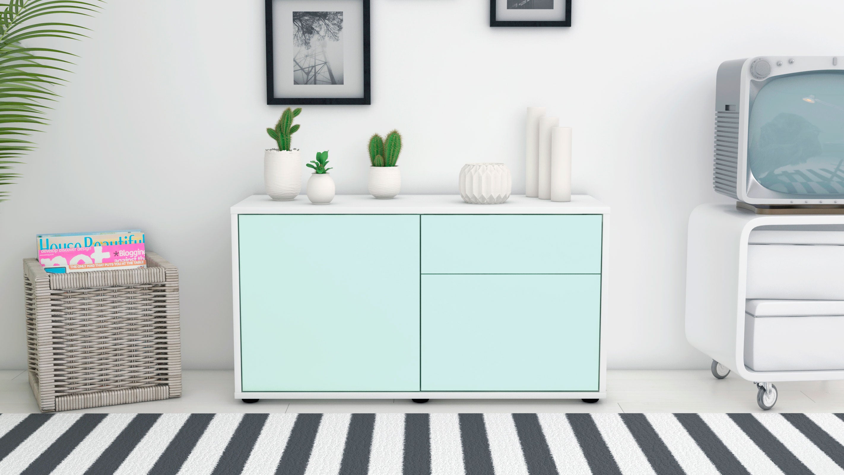 Lowboard - Aja - Design Farbakzent - Freistehend mit Push to Open 92 cm Weiss
