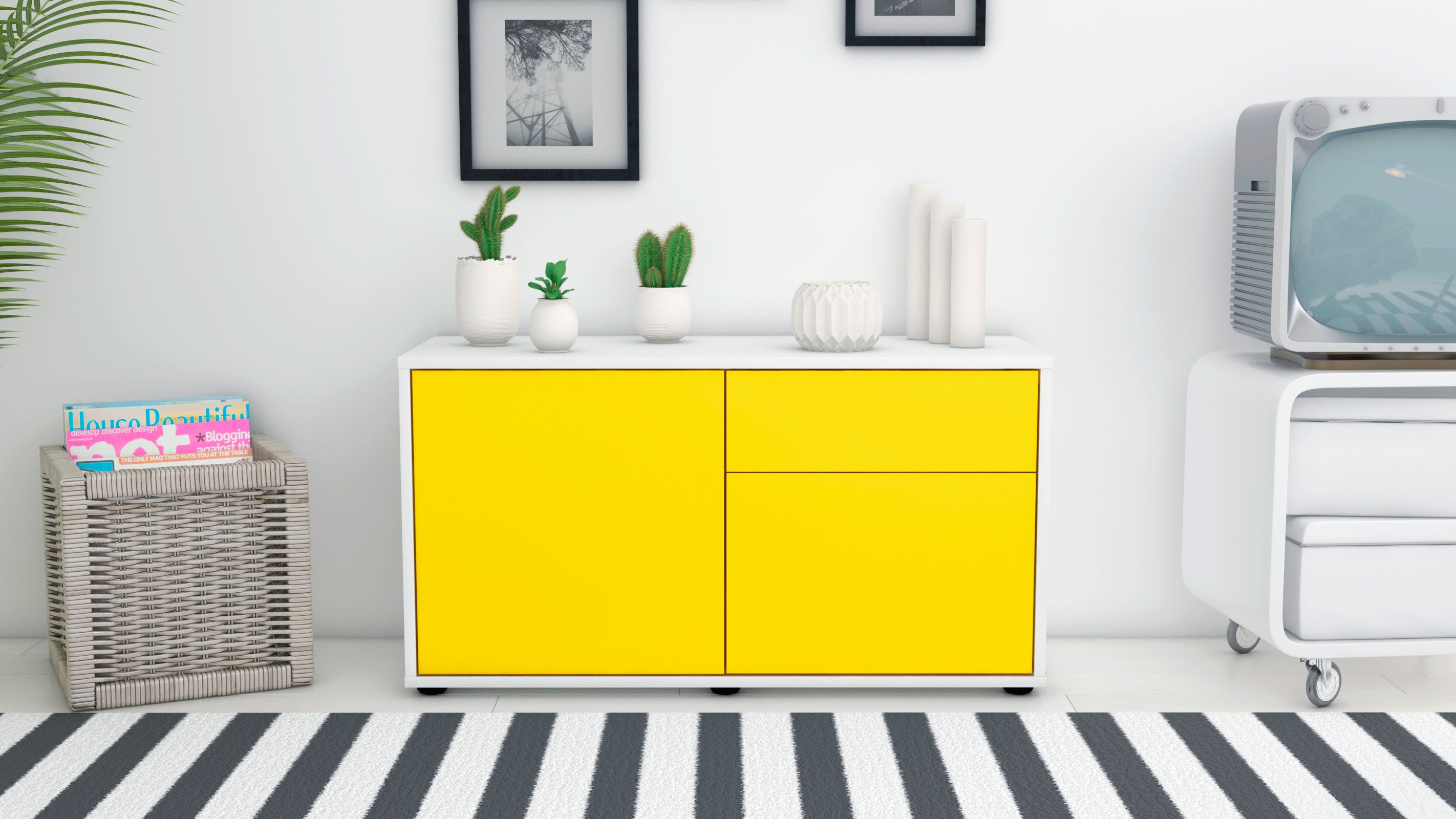 Lowboard - Aja - Design Farbakzent - Freistehend mit Push to Open 92 cm Weiss