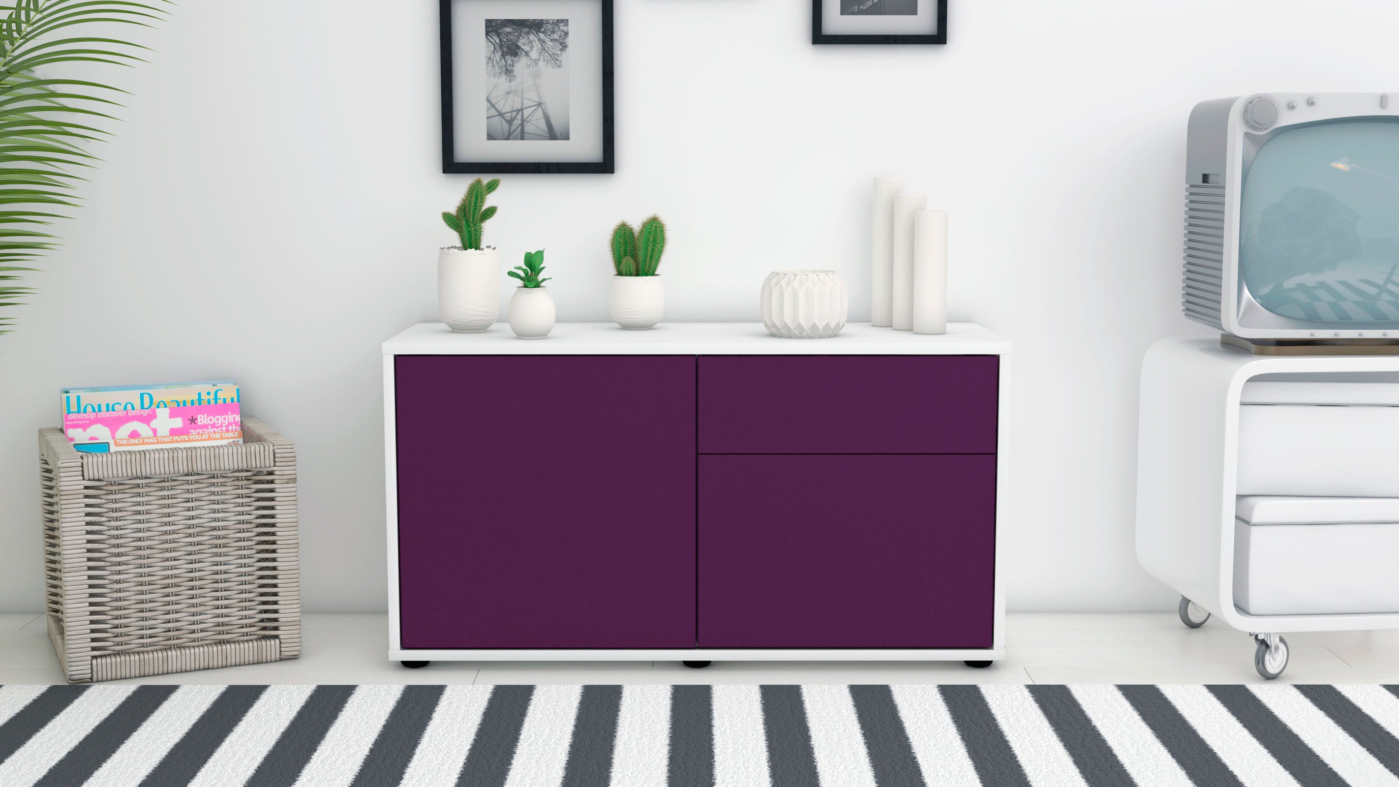 Lowboard - Aja - Design Farbakzent - Freistehend mit Push to Open 92 cm Weiss