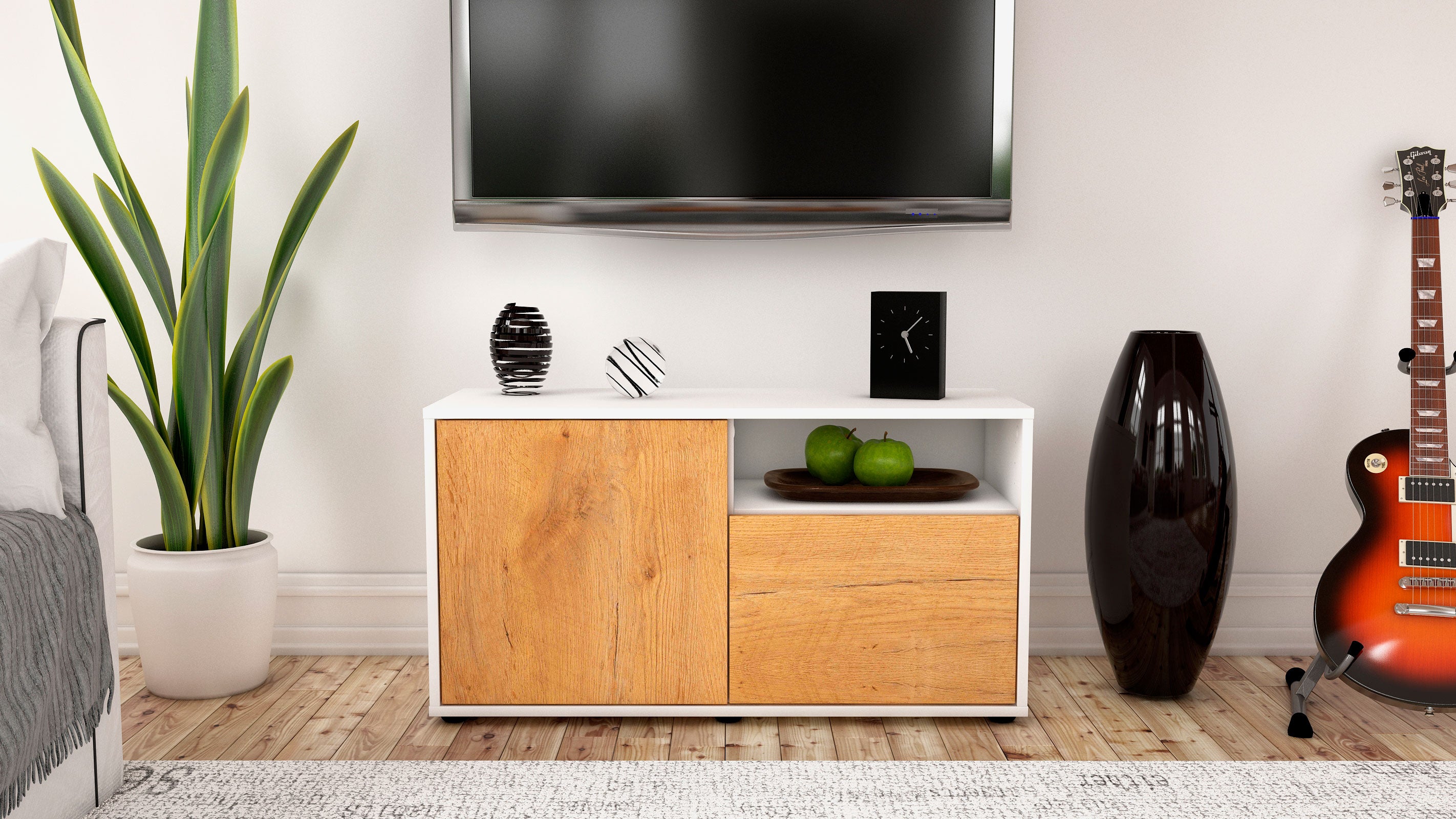 Lowboard - Ajda - Design Holzdekor - Freistehend mit Push to Open 92 cm Weiss