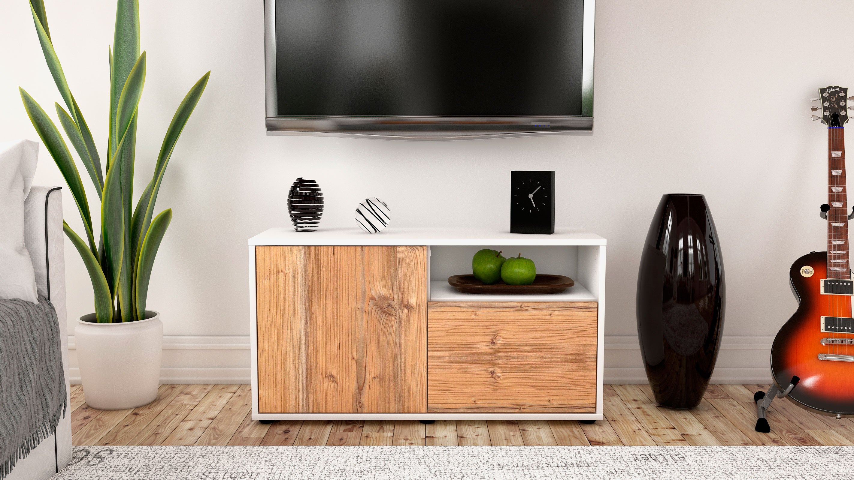 Lowboard - Ajda - Design Holzdekor - Freistehend mit Push to Open 92 cm Weiss