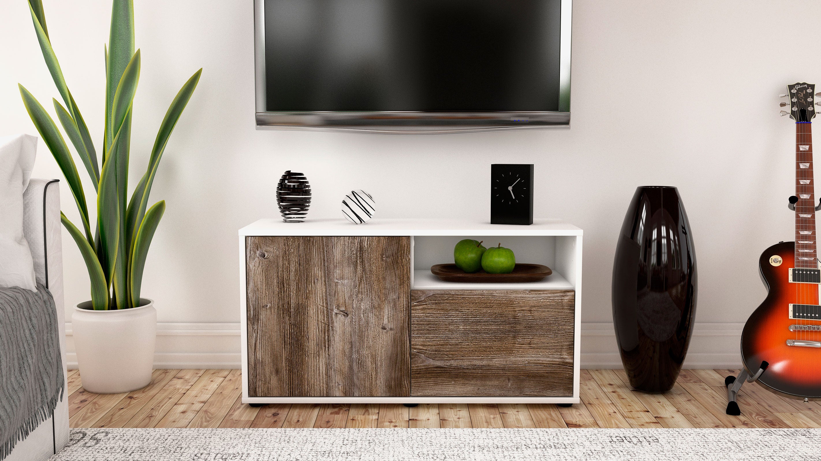 Lowboard - Ajda - Design Holzdekor - Freistehend mit Push to Open 92 cm Weiss