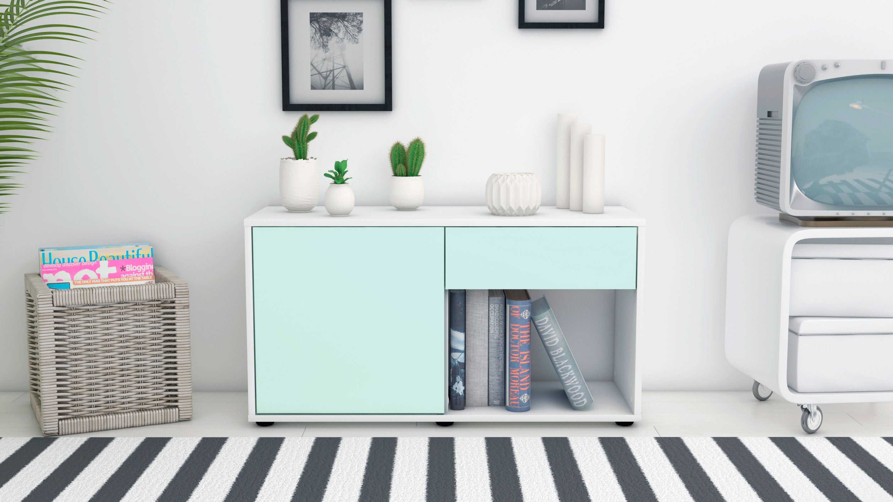 Lowboard - Alberina - Design Farbakzent - Freistehend mit Push to Open 92 cm Weiss