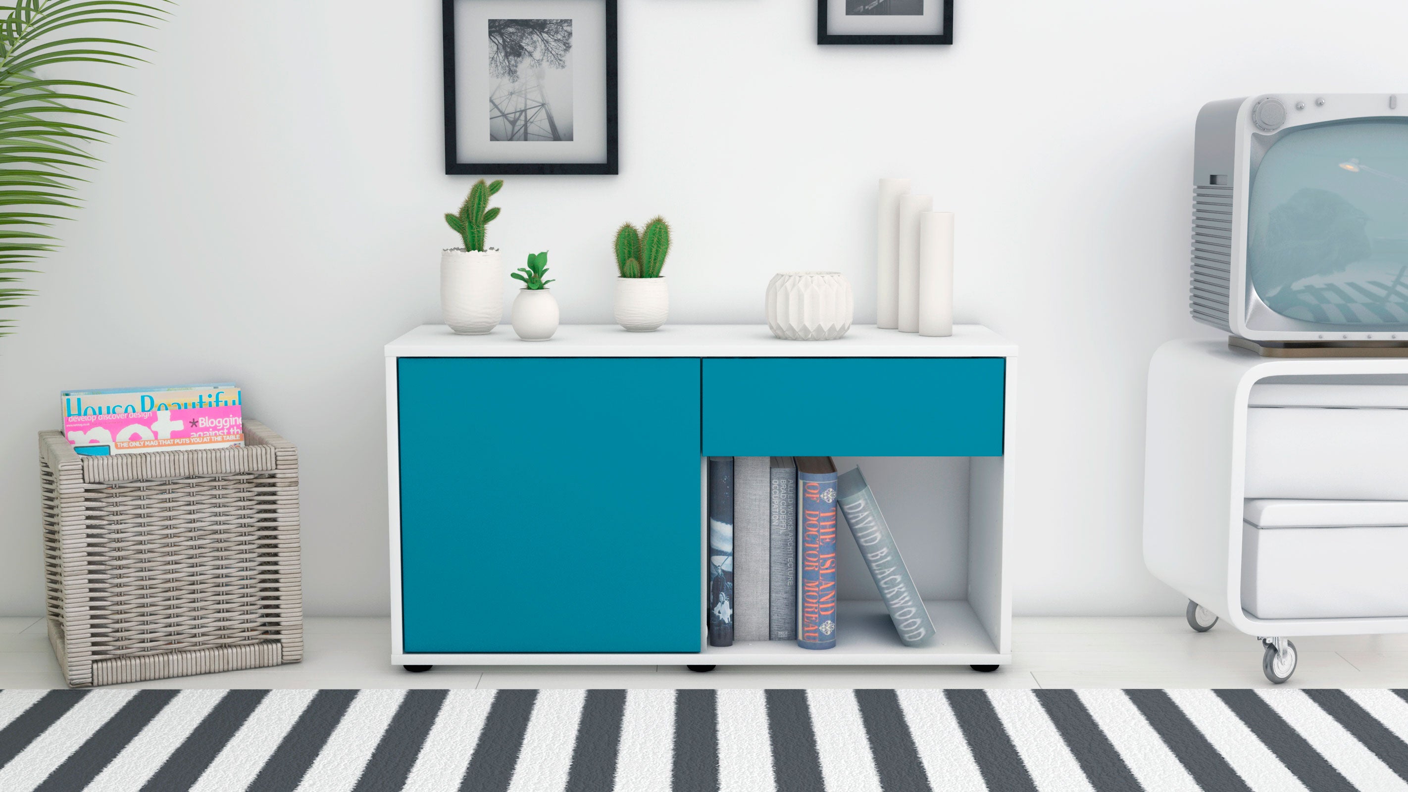 Lowboard - Alberina - Design Farbakzent - Freistehend mit Push to Open 92 cm Weiss