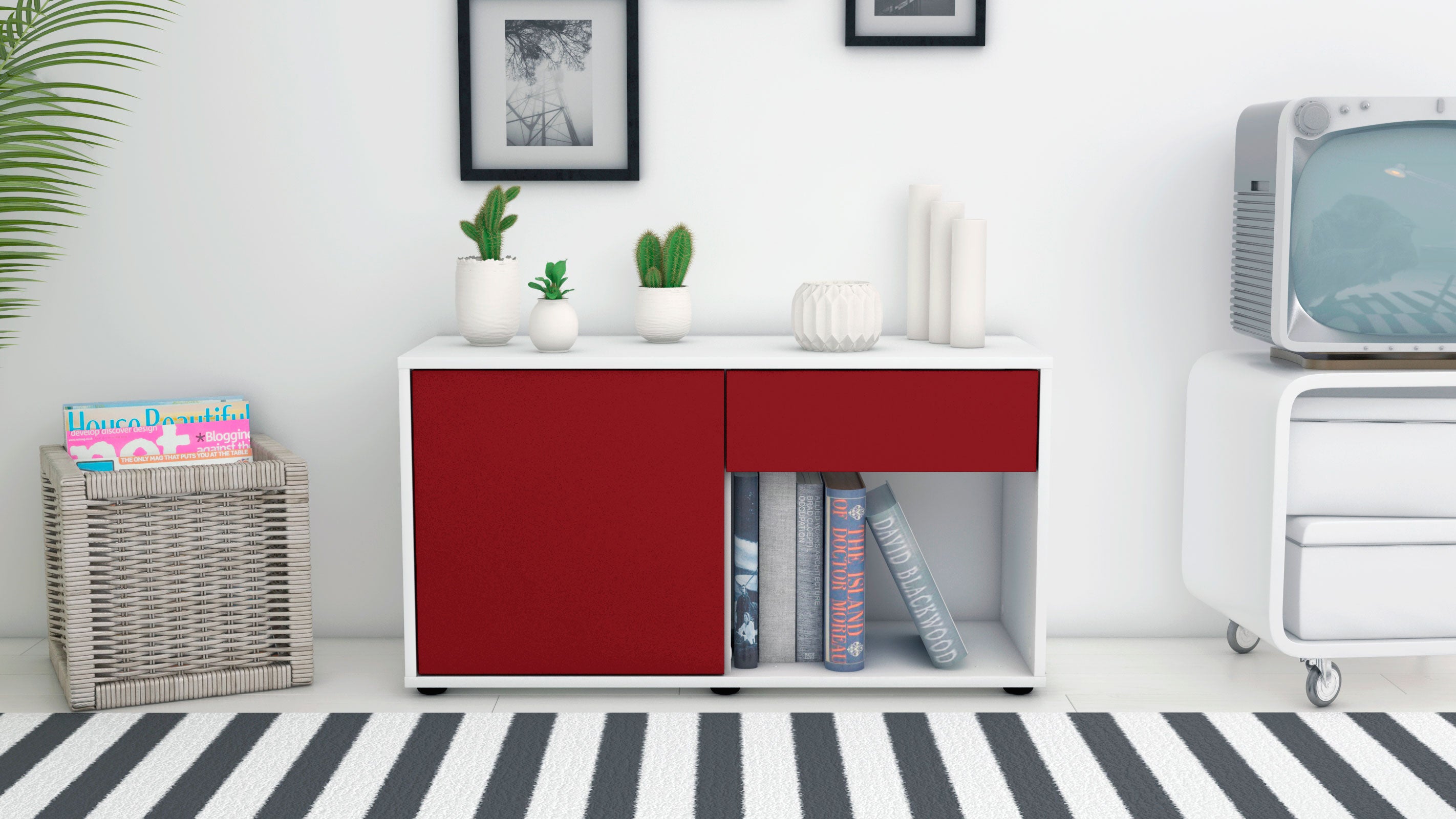 Lowboard - Alberina - Design Farbakzent - Freistehend mit Push to Open 92 cm Weiss