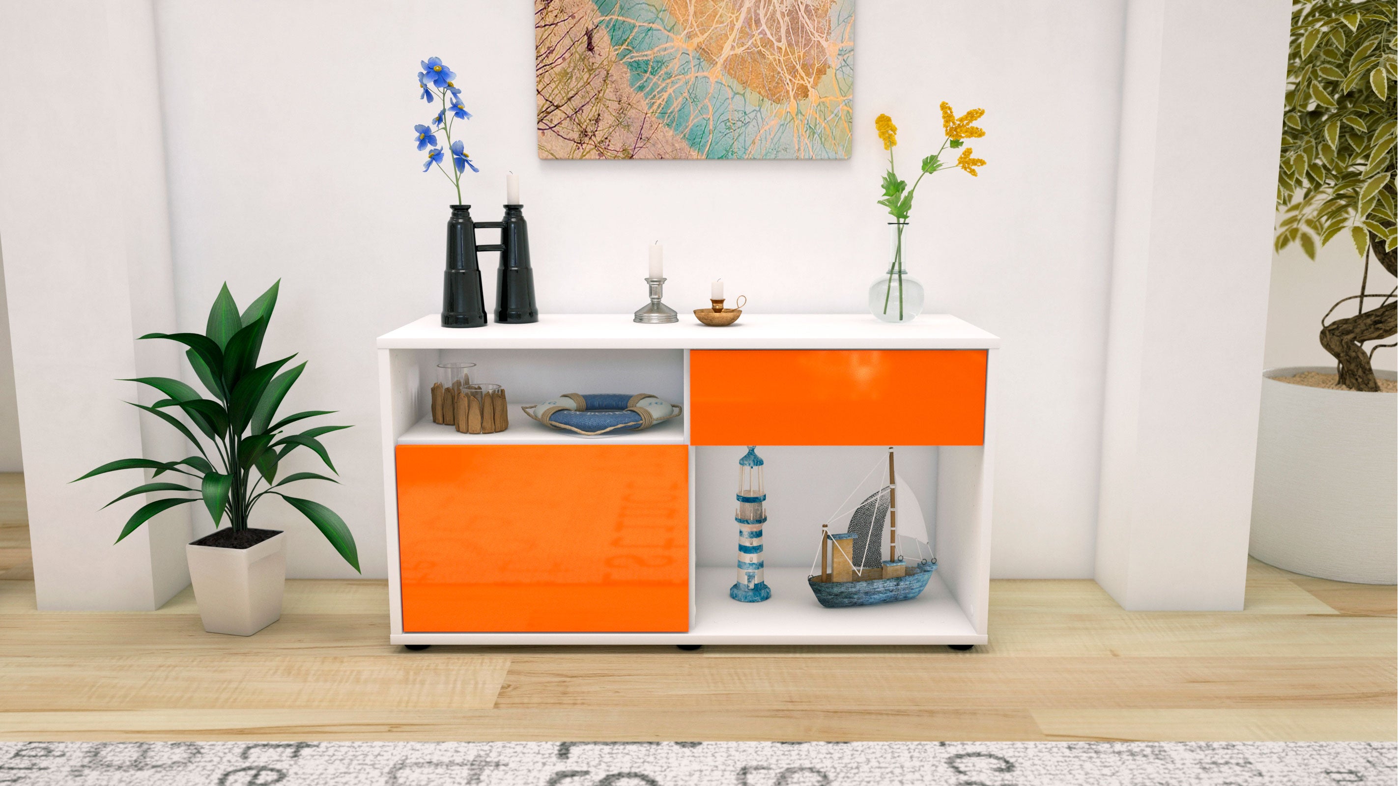 Lowboard - Alecia - Design Hochglanz - Freistehend mit Push to Open 92 cm Weiss