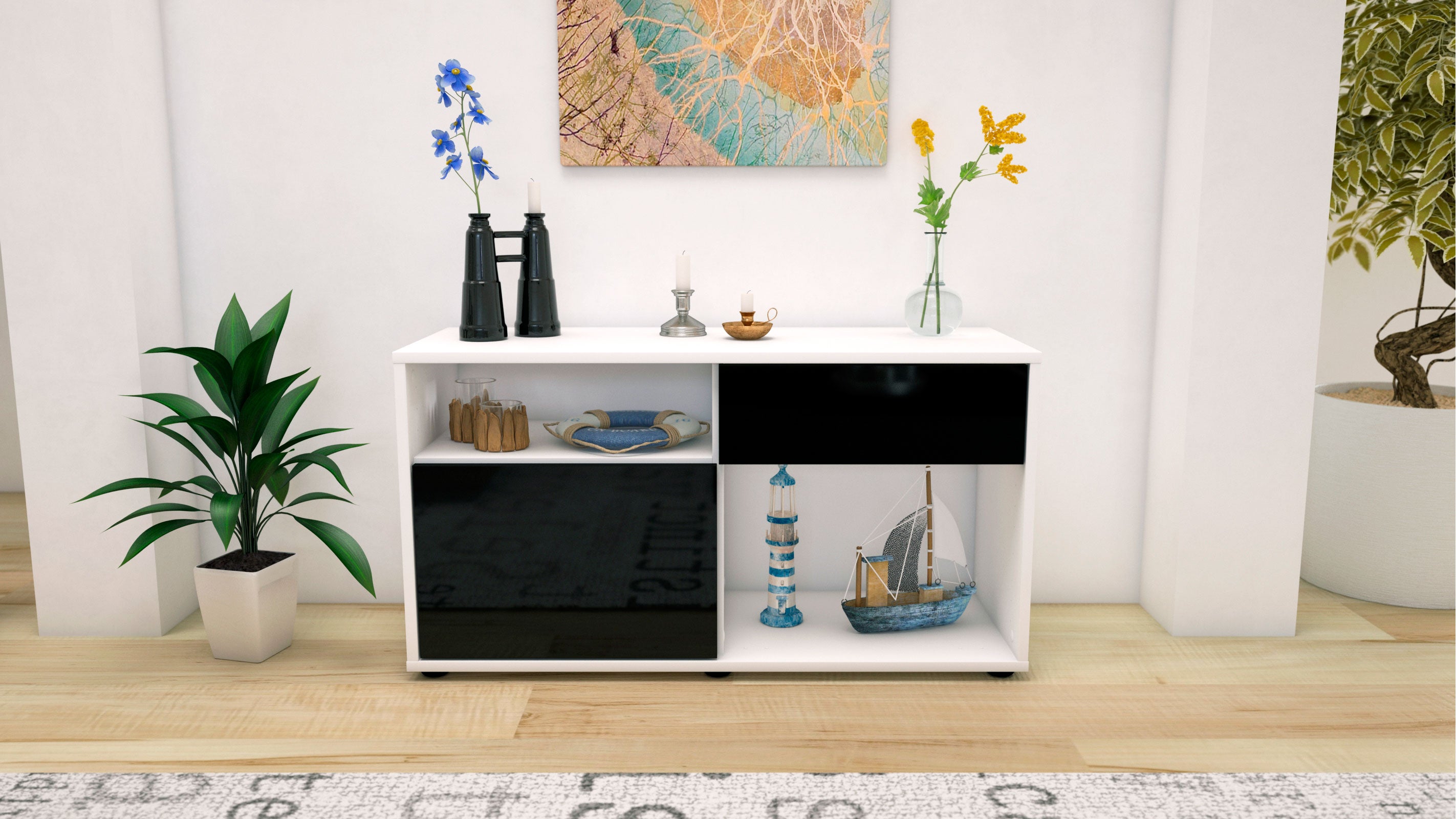 Lowboard - Alecia - Design Hochglanz - Freistehend mit Push to Open 92 cm Weiss