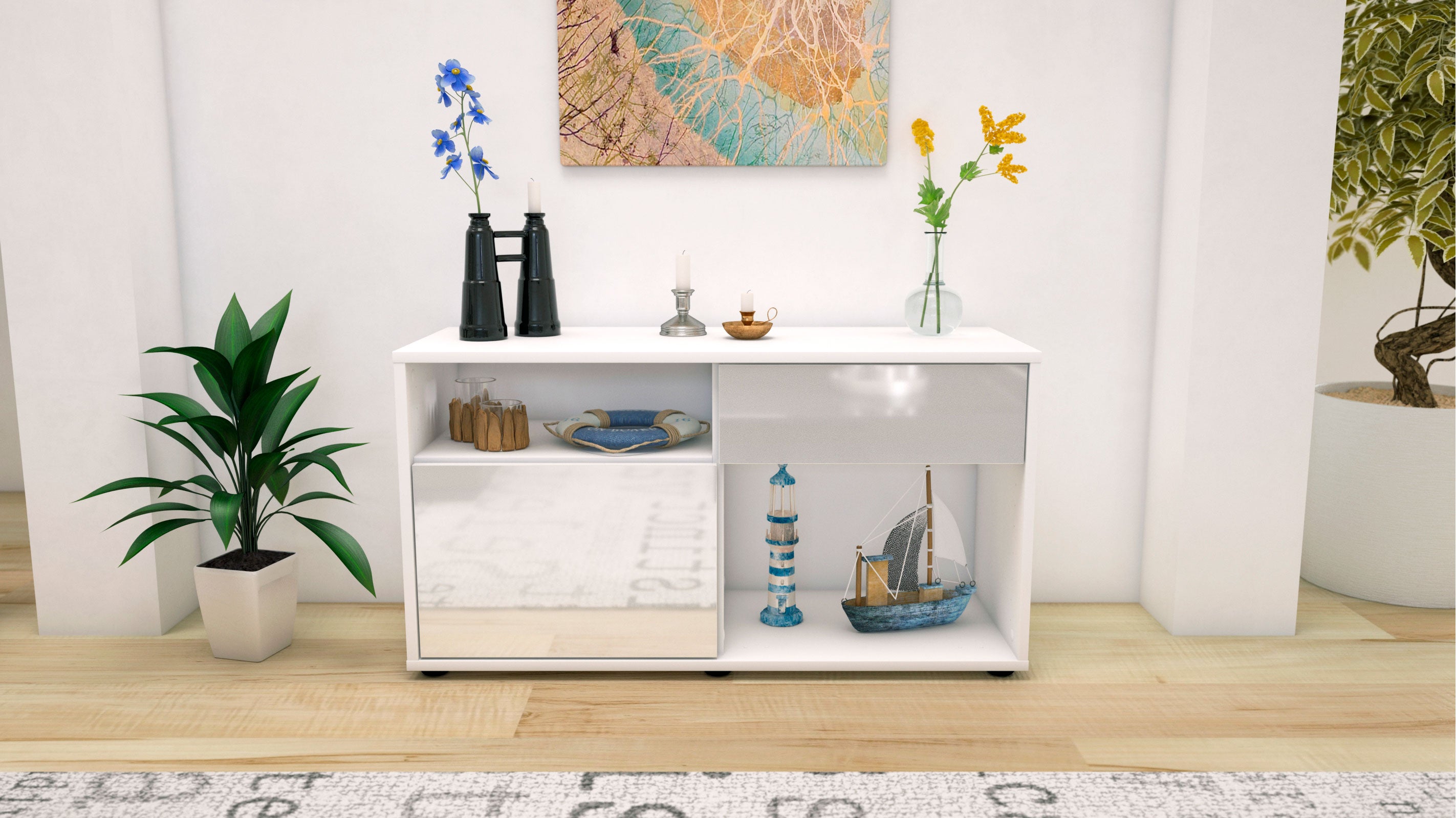 Lowboard - Alecia - Design Hochglanz - Freistehend mit Push to Open 92 cm Weiss