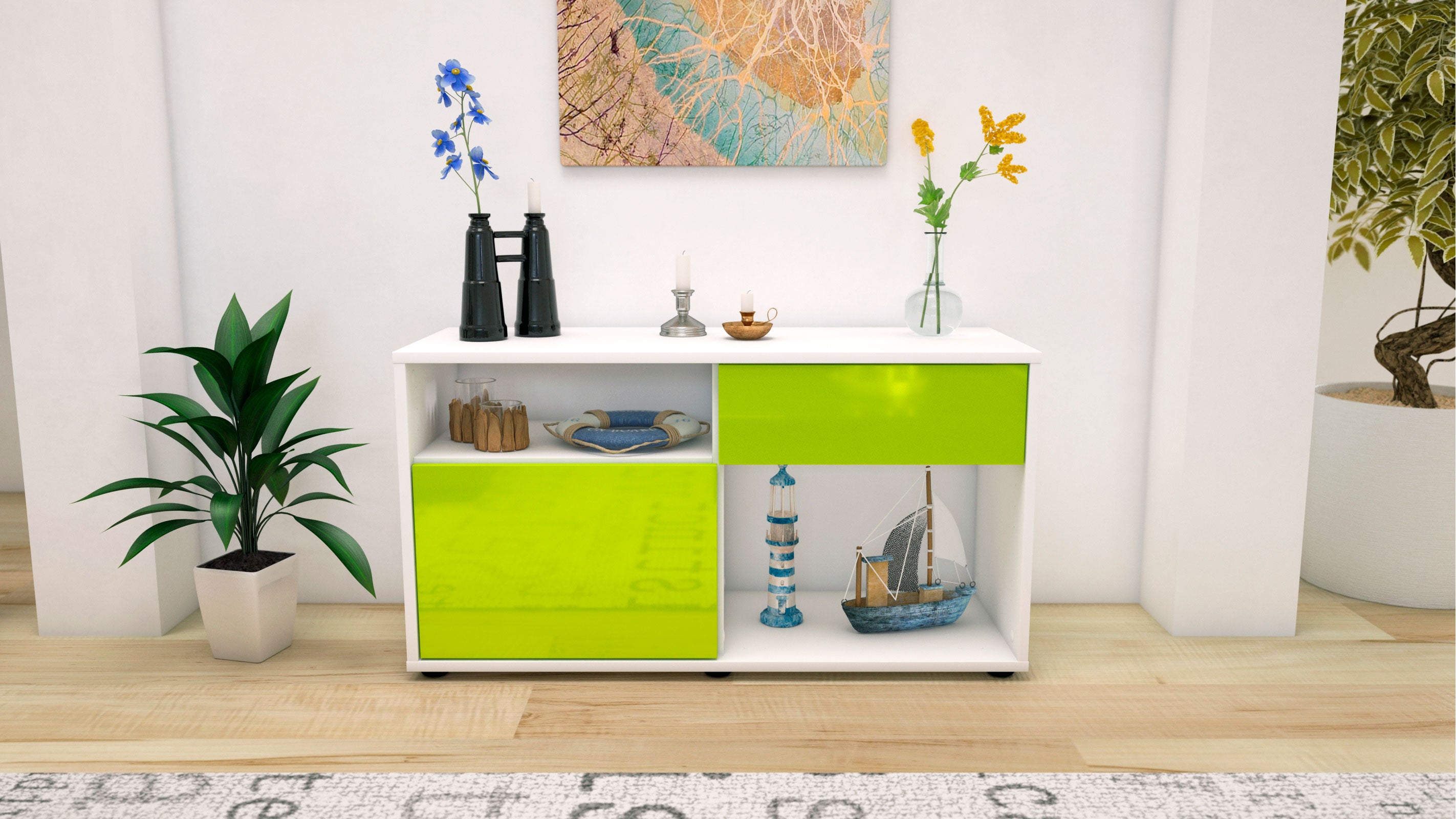 Lowboard - Alecia - Design Hochglanz - Freistehend mit Push to Open 92 cm Weiss