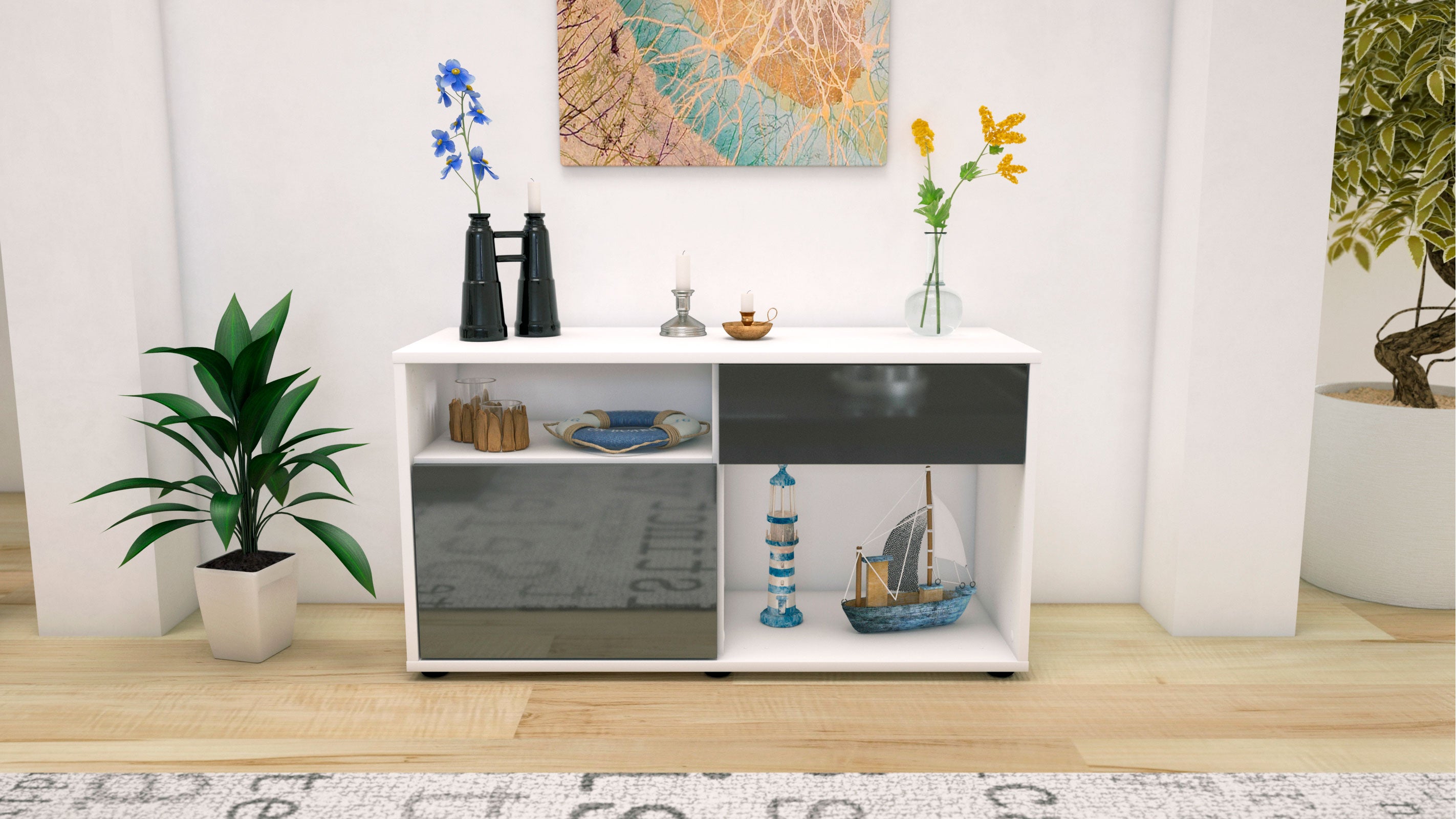 Lowboard - Alecia - Design Hochglanz - Freistehend mit Push to Open 92 cm Weiss