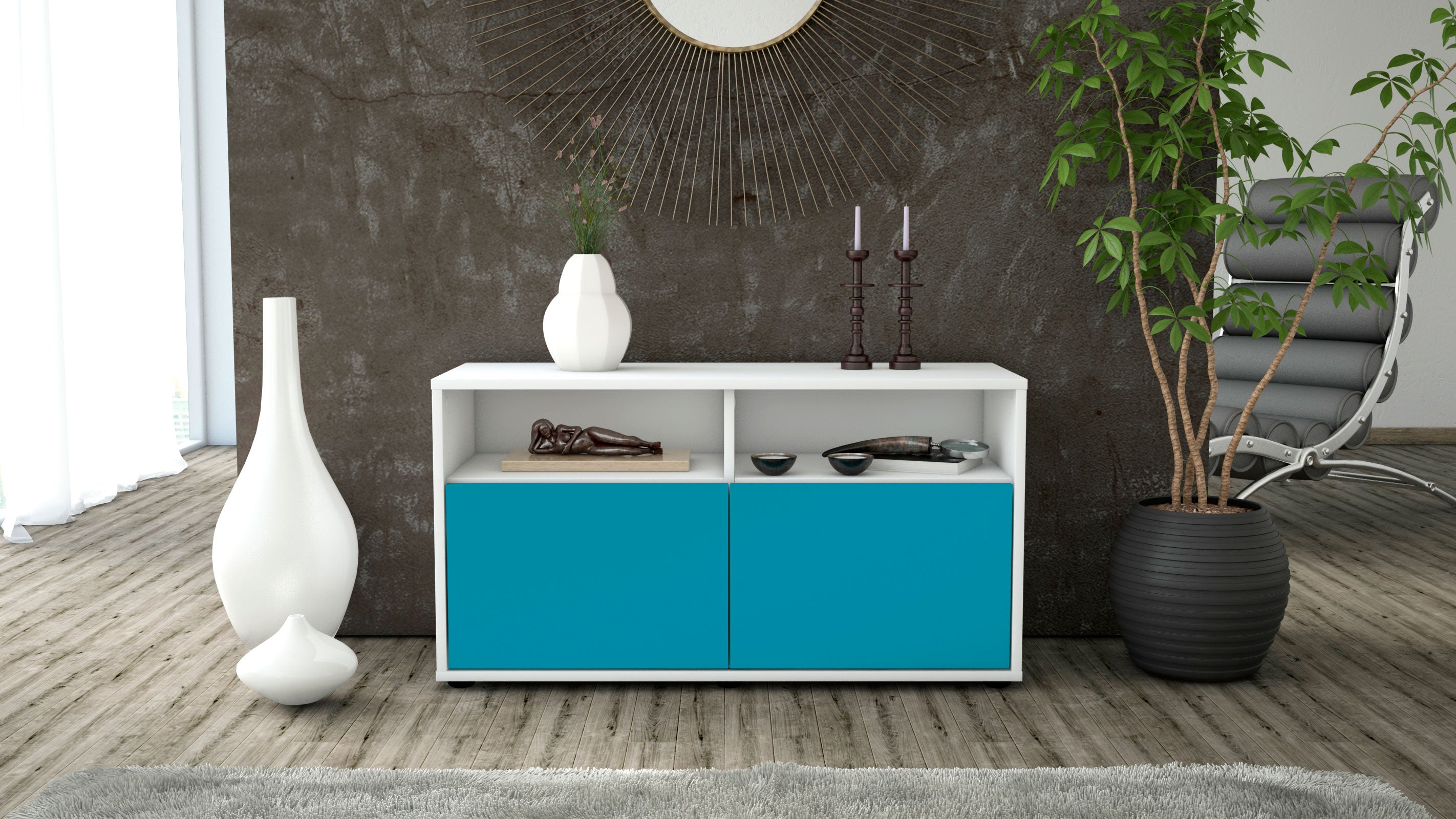 Lowboard - Alegra - Design Farbakzent - Freistehend mit Push to Open 92 cm Weiss