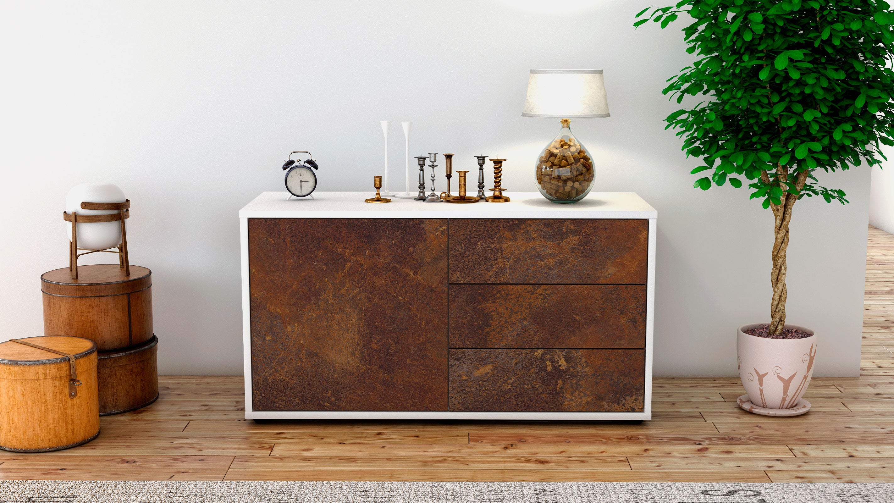 Lowboard - Alessandra - Design Industrie Stil - Freistehend mit Push to Open 92 cm Weiss