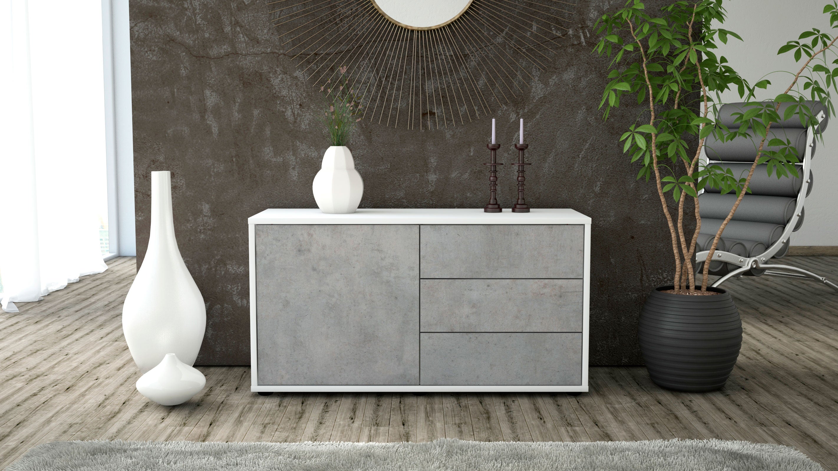 Lowboard - Alessandra - Design Industrie Stil - Freistehend mit Push to Open 92 cm Weiss
