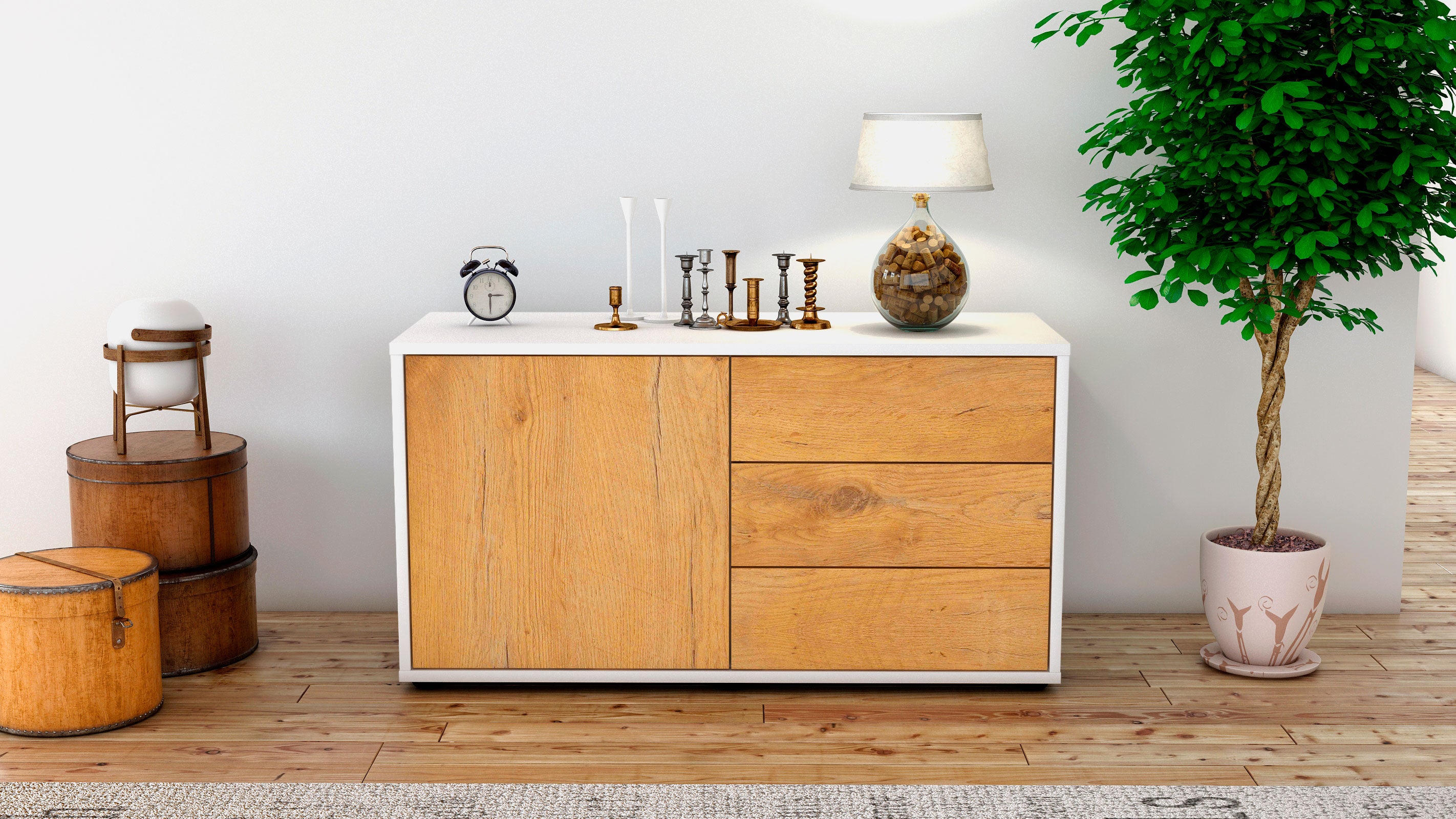 Lowboard - Alessandra - Design Holzdekor - Freistehend mit Push to Open 92 cm Weiss