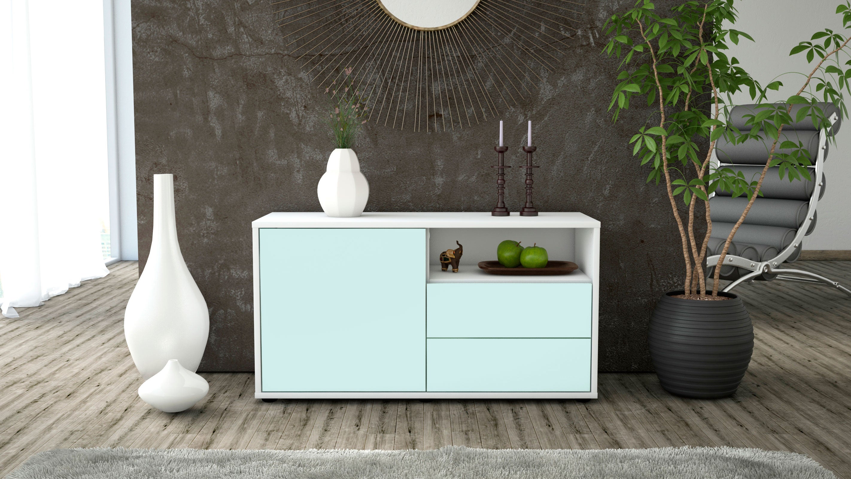 Lowboard - Alessia - Design Farbakzent - Freistehend mit Push to Open 92 cm Weiss