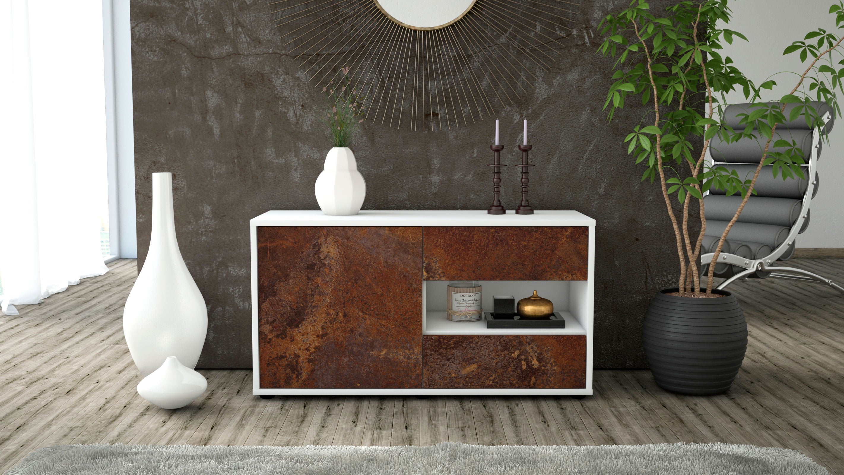 Lowboard - Aleyna - Design Industrie Stil - Freistehend mit Push to Open 92 cm Weiss