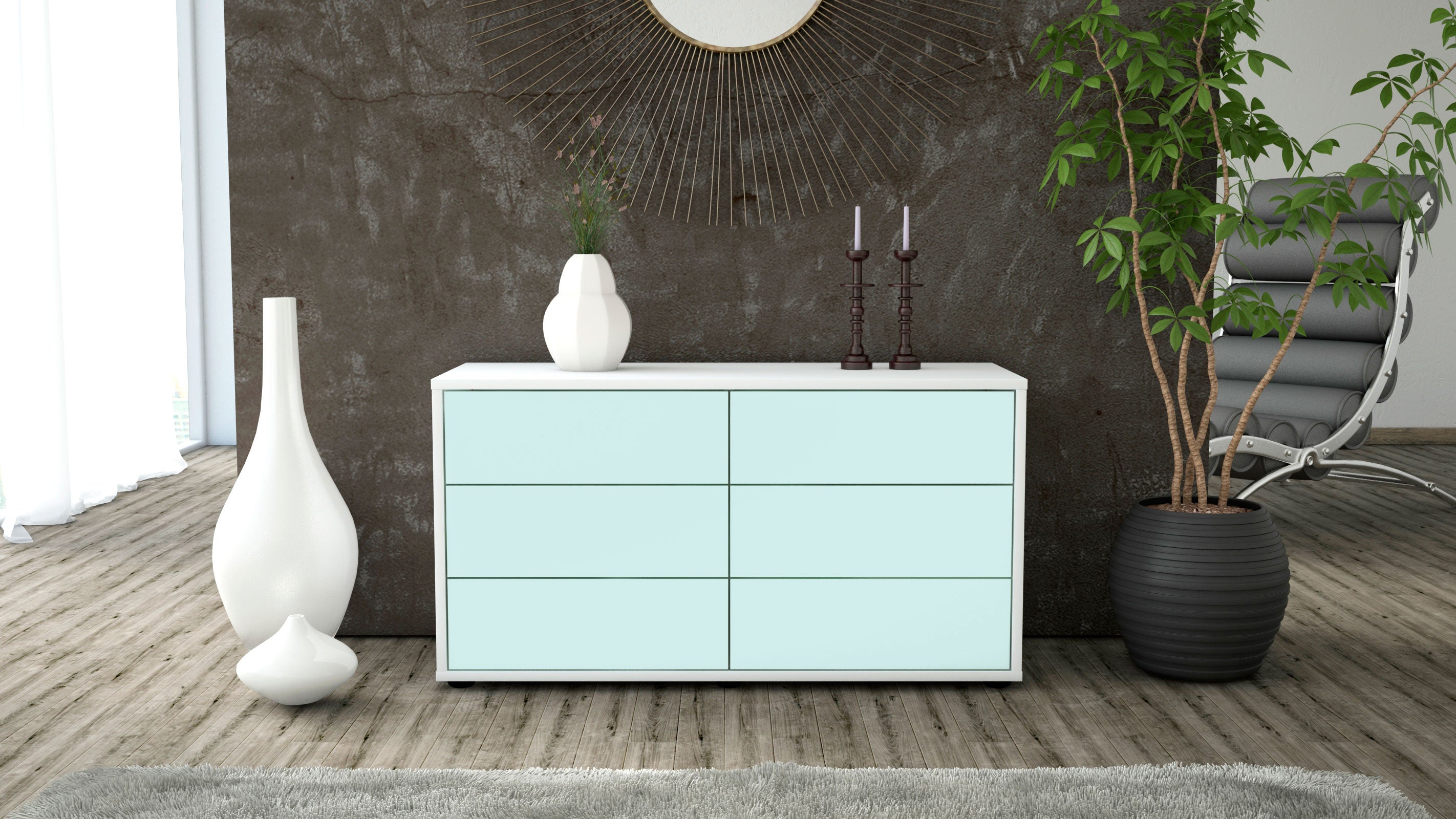 Lowboard - Alfonsa - Design Farbakzent - Freistehend mit Push to Open 92 cm Weiss