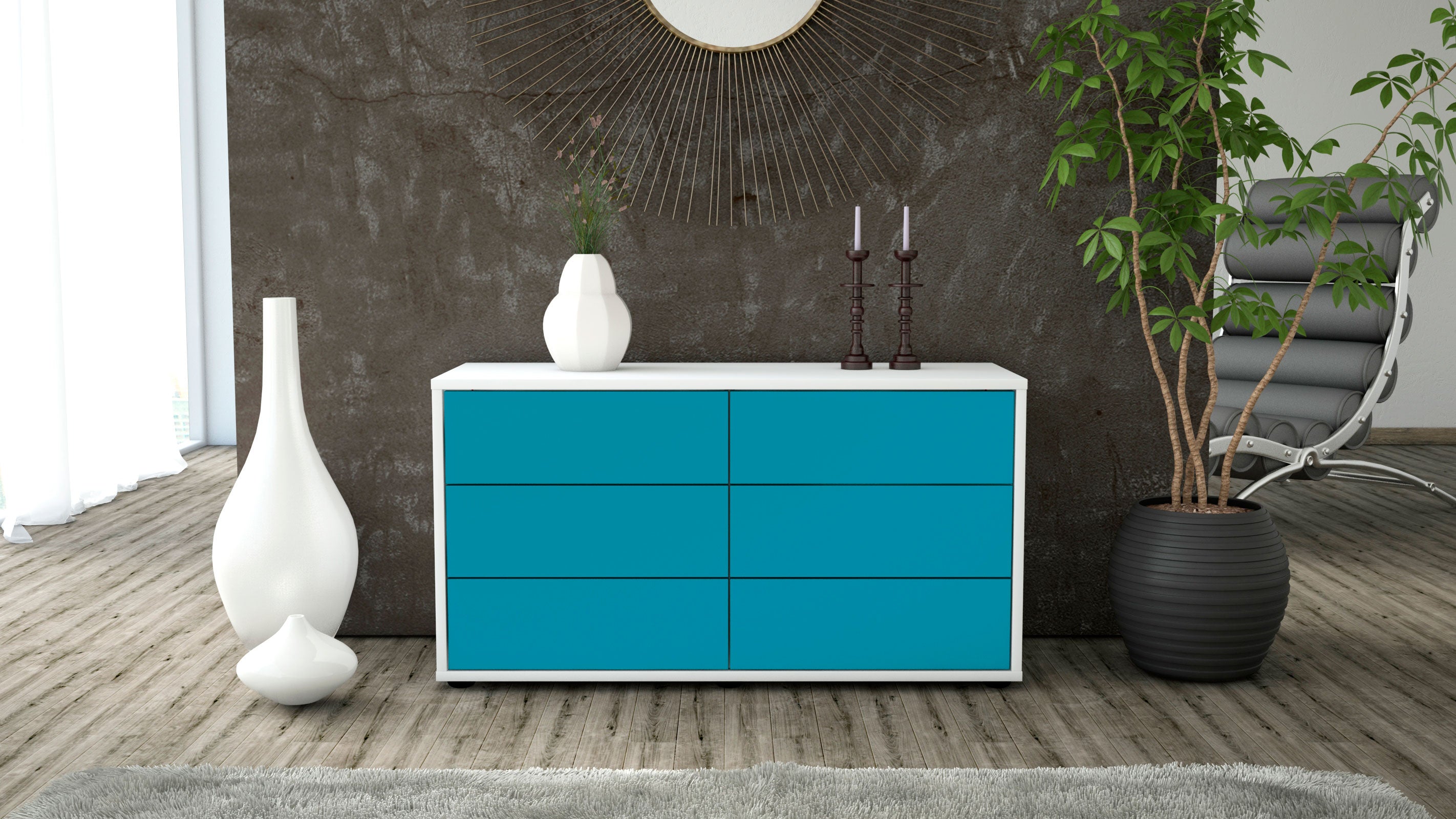 Lowboard - Alfonsa - Design Farbakzent - Freistehend mit Push to Open 92 cm Weiss