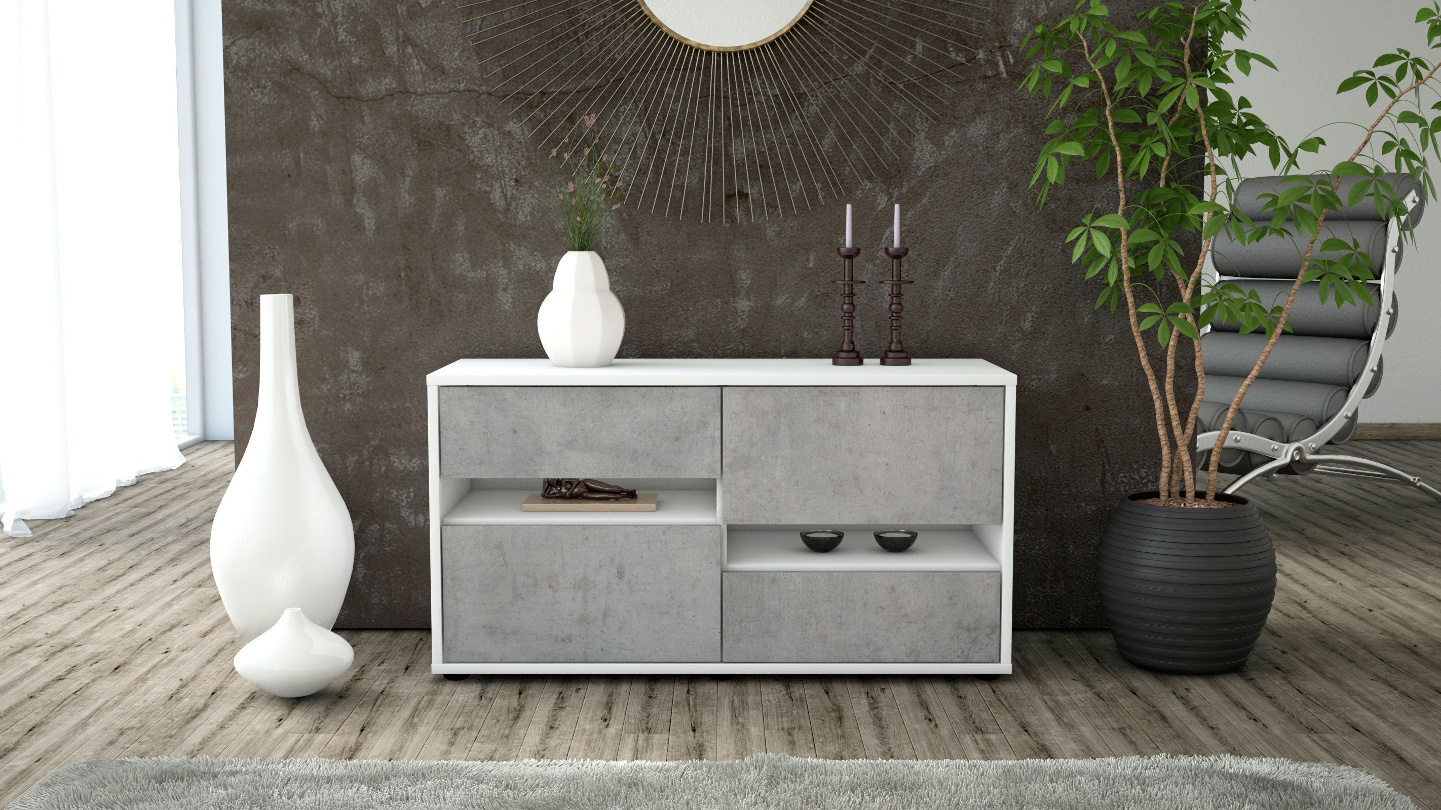 Lowboard - Alina - Design Industrie Stil - Freistehend mit Push to Open 92 cm Weiss