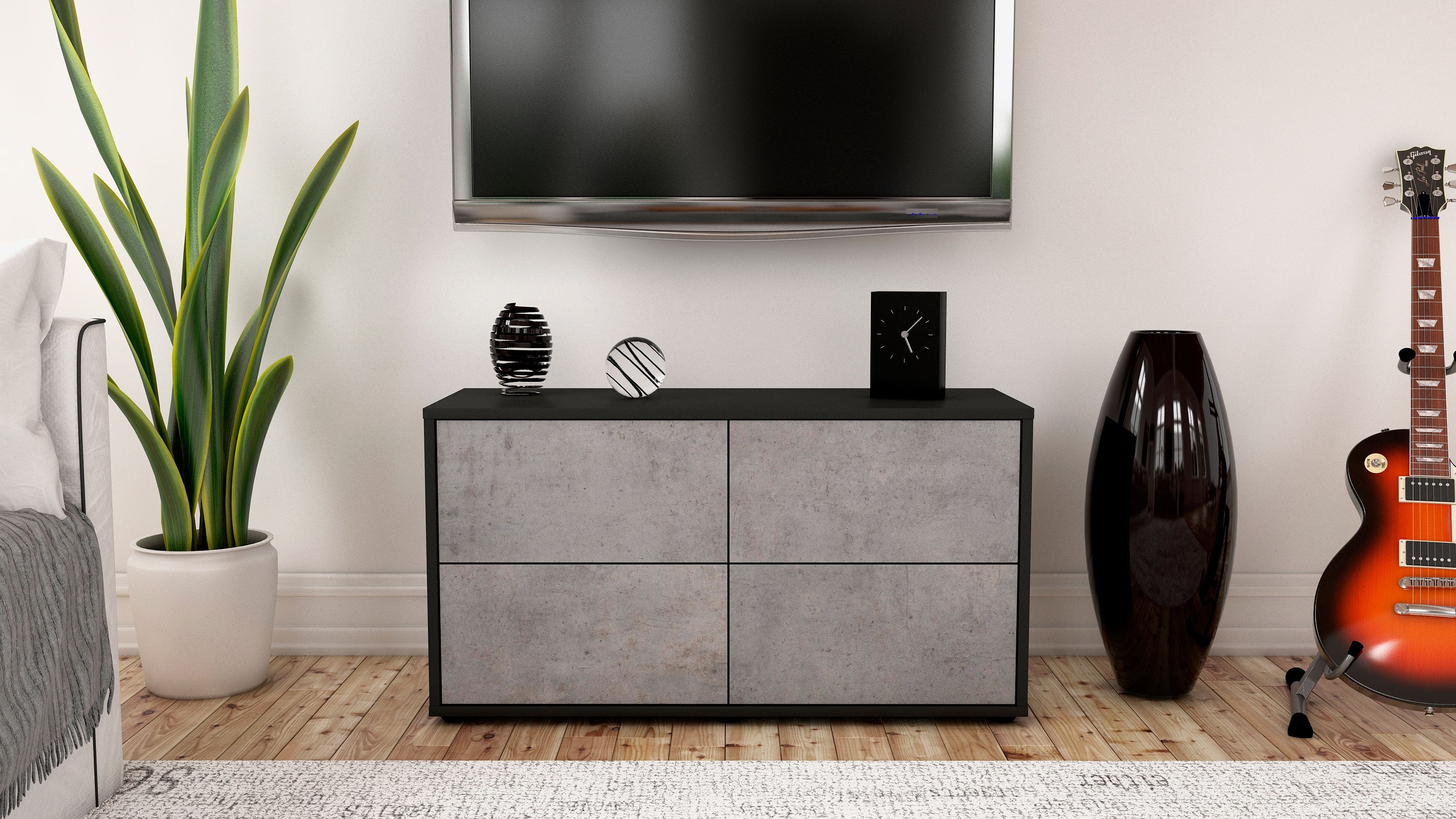 Lowboard - Aella - Design Industrie Stil - Freistehend mit Push to Open 92 cm Anthrazit