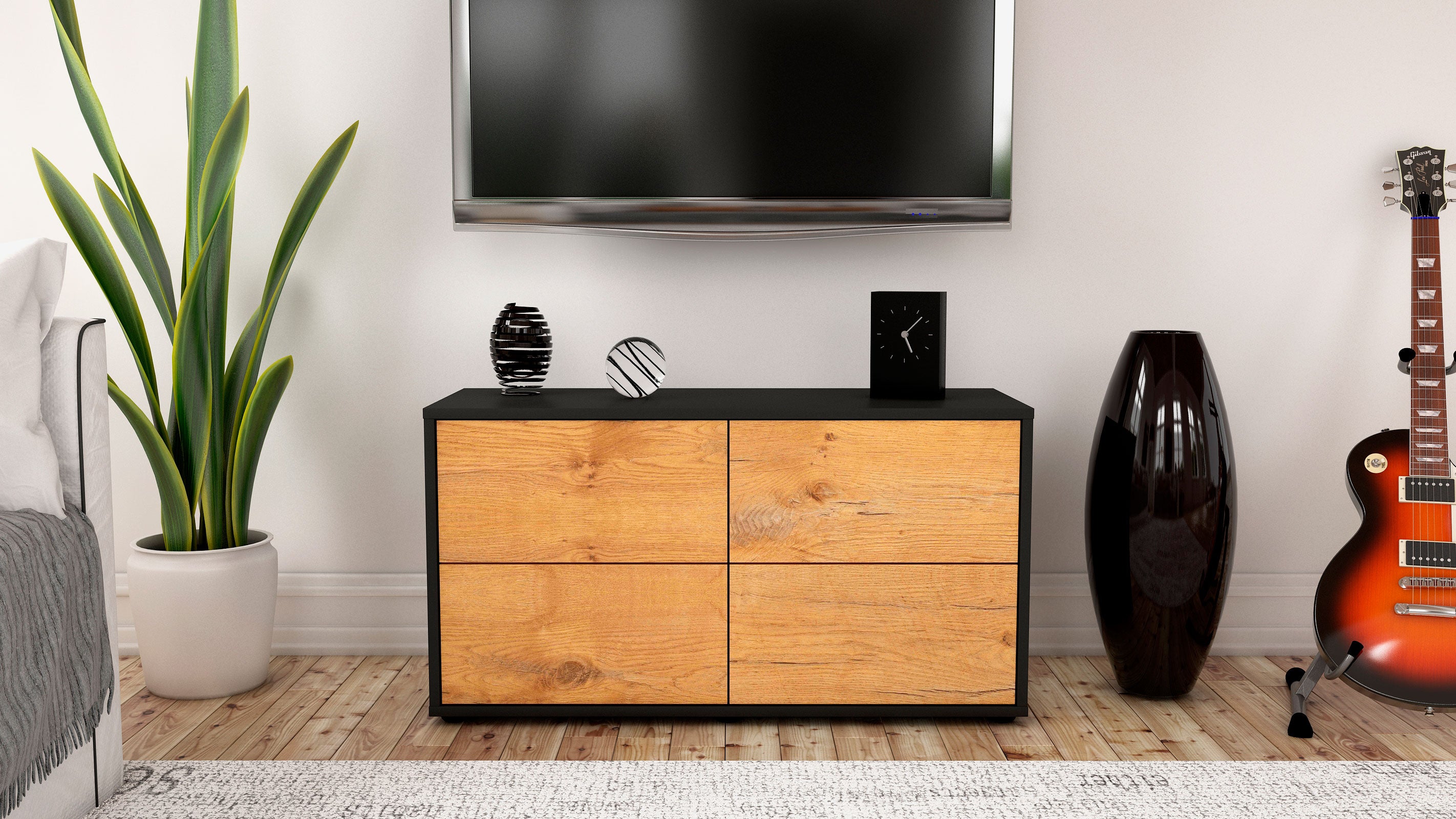 Lowboard - Aella - Design Holzdekor - Freistehend mit Push to Open 92 cm Anthrazit