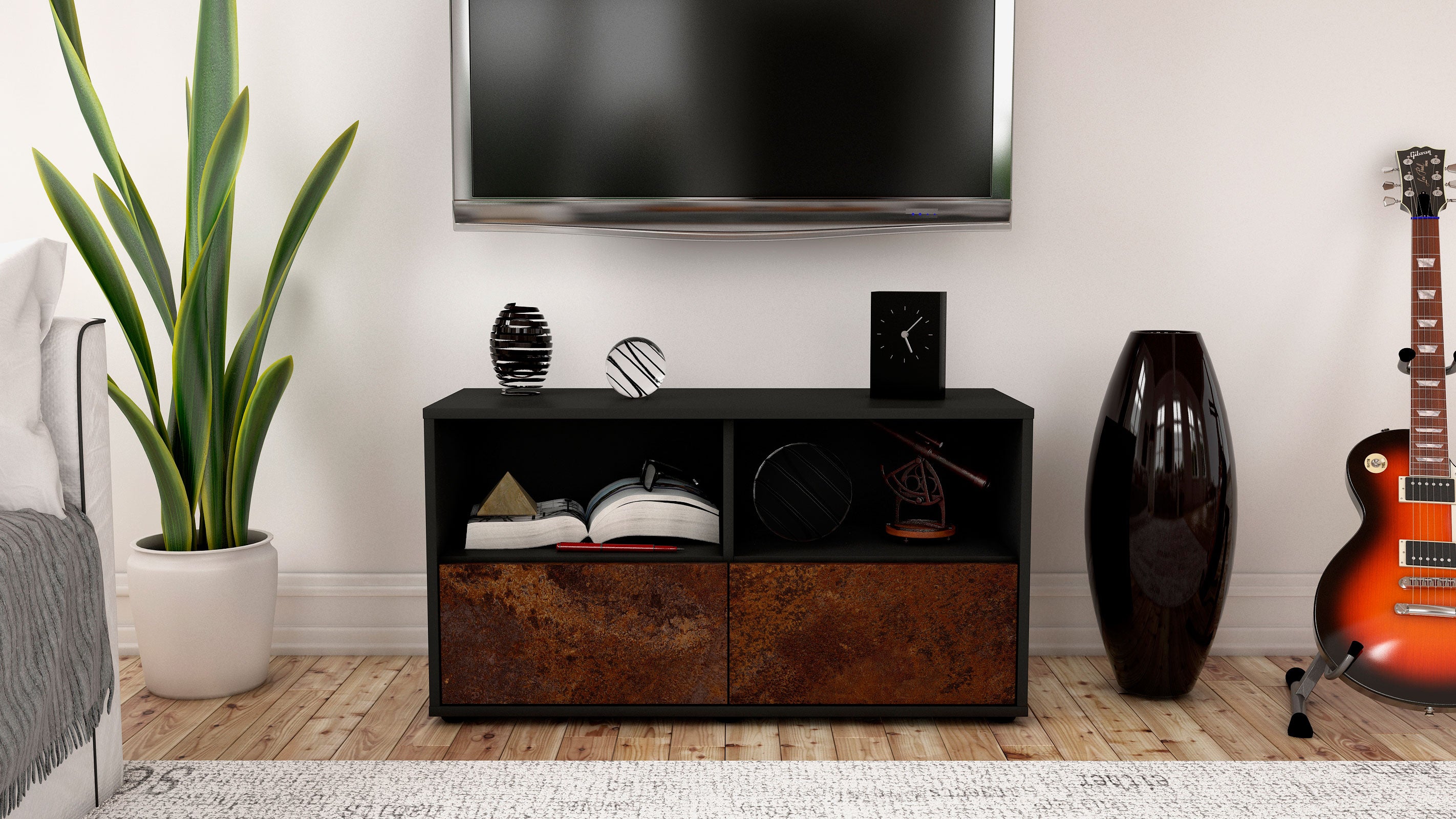 Lowboard - Aeon - Design Industrie Stil - Freistehend mit Push to Open 92 cm Anthrazit