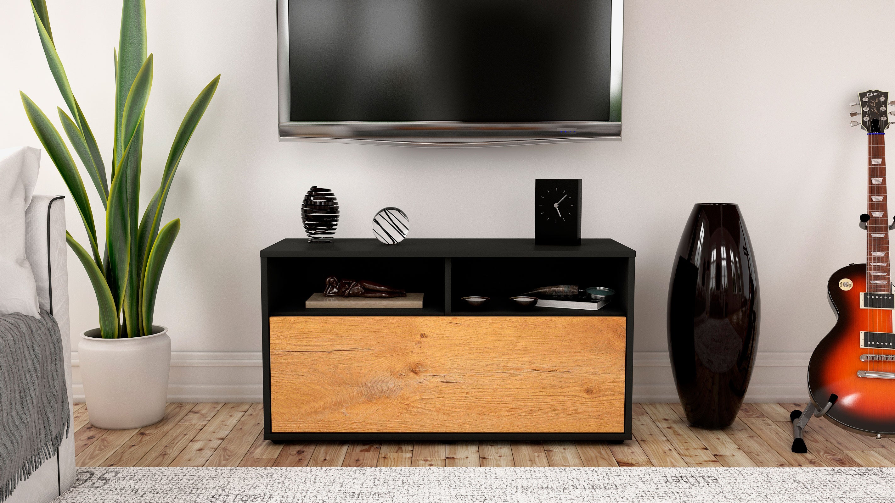 Lowboard - Agostina - Design Holzdekor - Freistehend mit Push to Open 92 cm Anthrazit