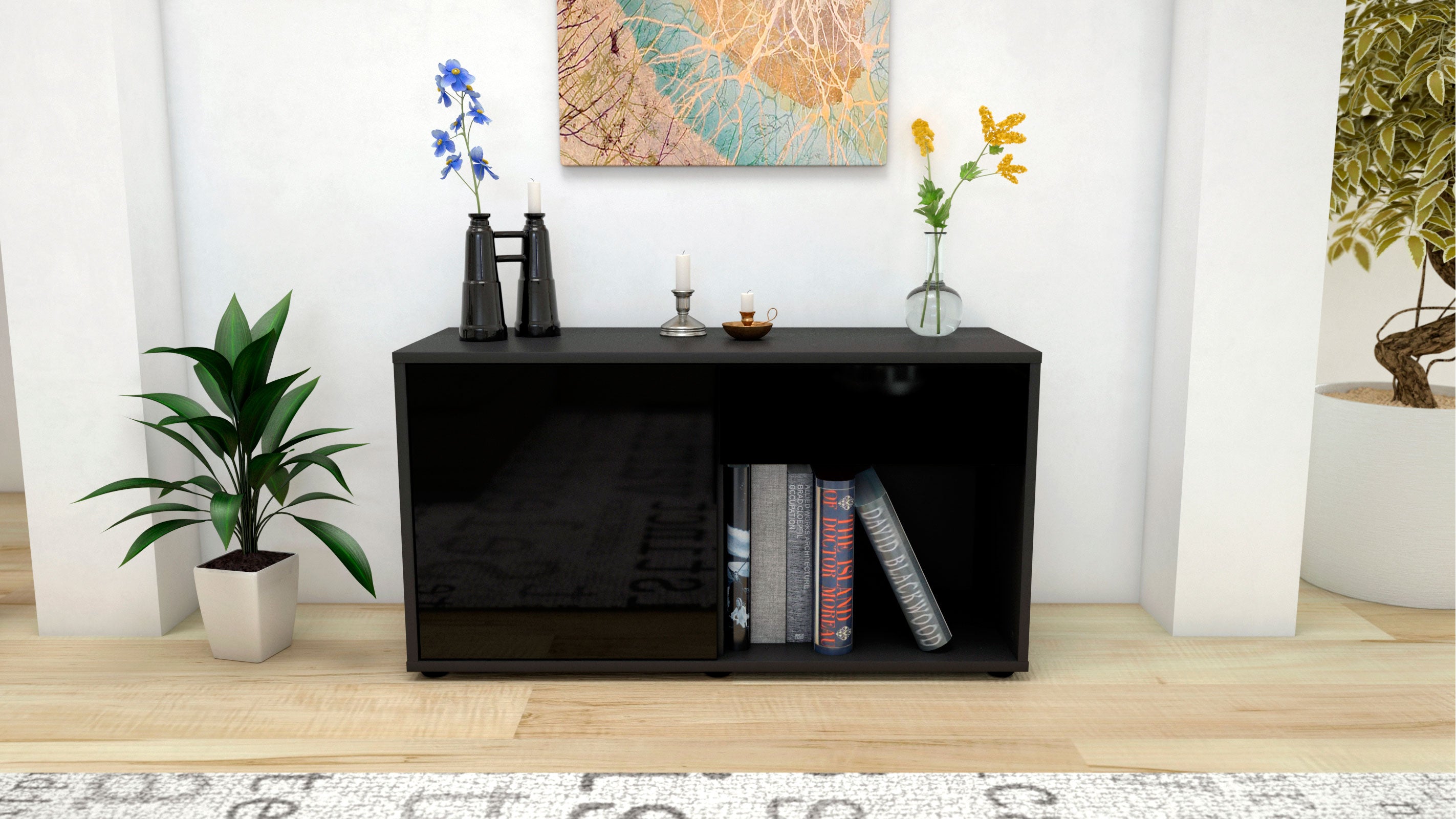 Lowboard - Alberina - Design Hochglanz - Freistehend mit Push to Open 92 cm Anthrazit