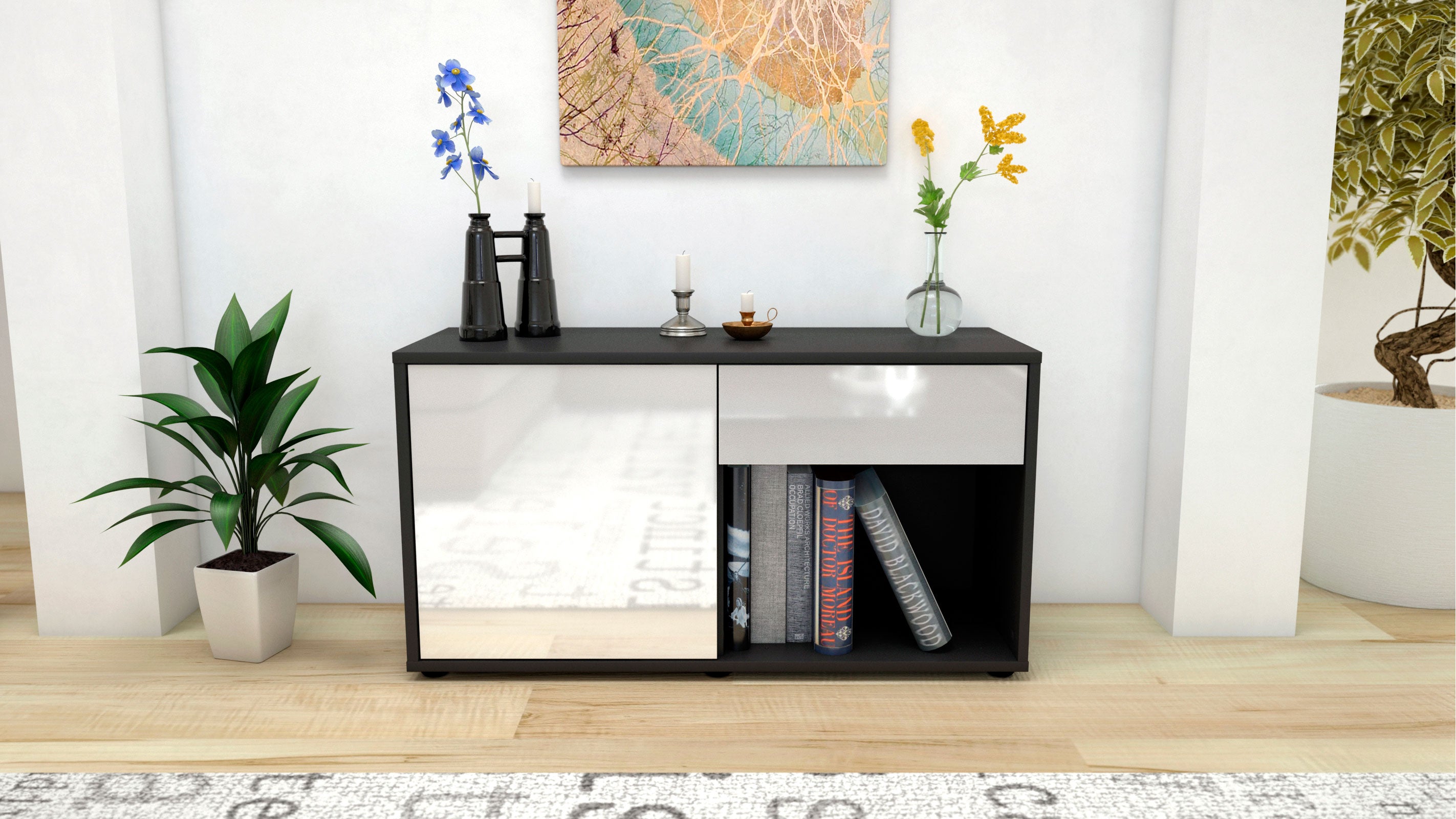 Lowboard - Alberina - Design Hochglanz - Freistehend mit Push to Open 92 cm Anthrazit