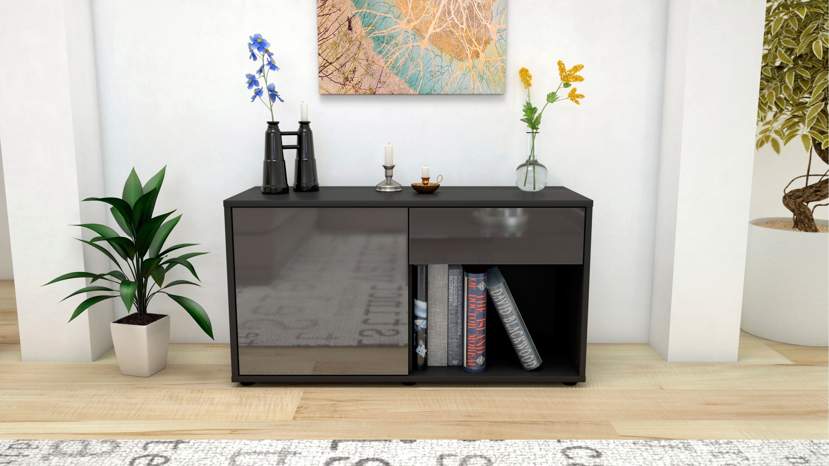 Lowboard - Alberina - Design Hochglanz - Freistehend mit Push to Open 92 cm Anthrazit