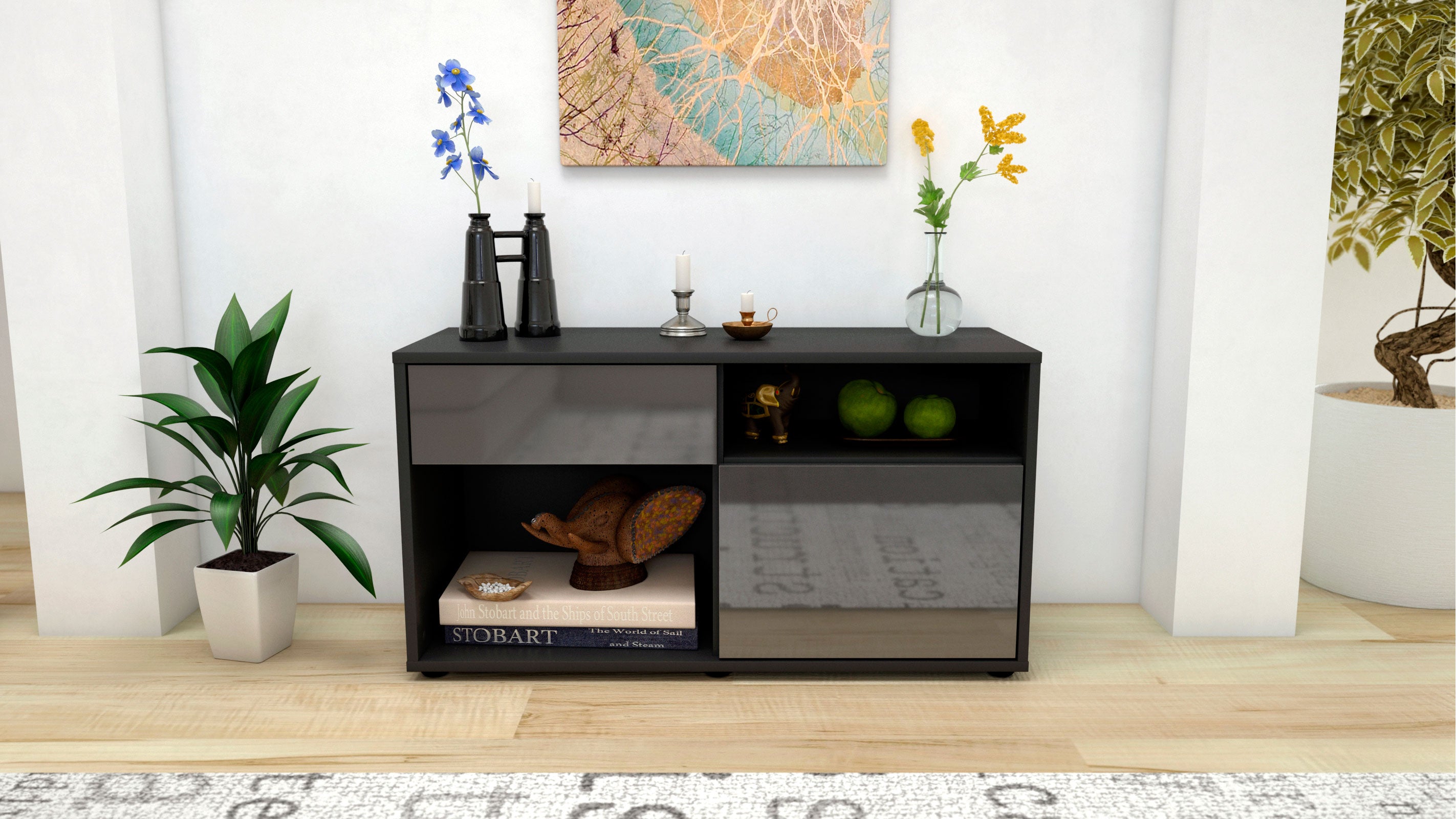 Lowboard - Albina - Design Hochglanz - Freistehend mit Push to Open 92 cm Anthrazit