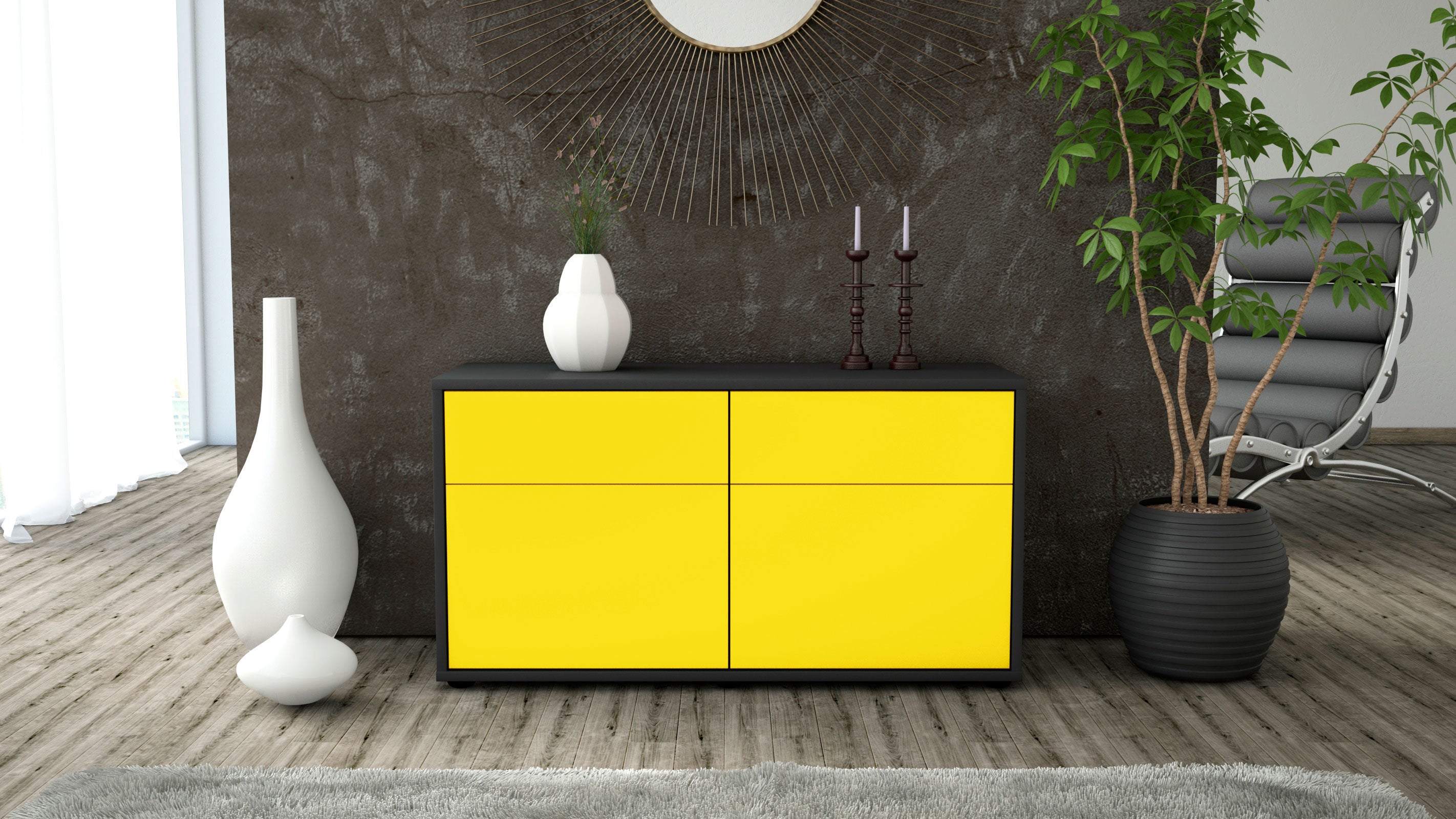 Lowboard - Alena - Design Farbakzent - Freistehend mit Push to Open 92 cm Anthrazit