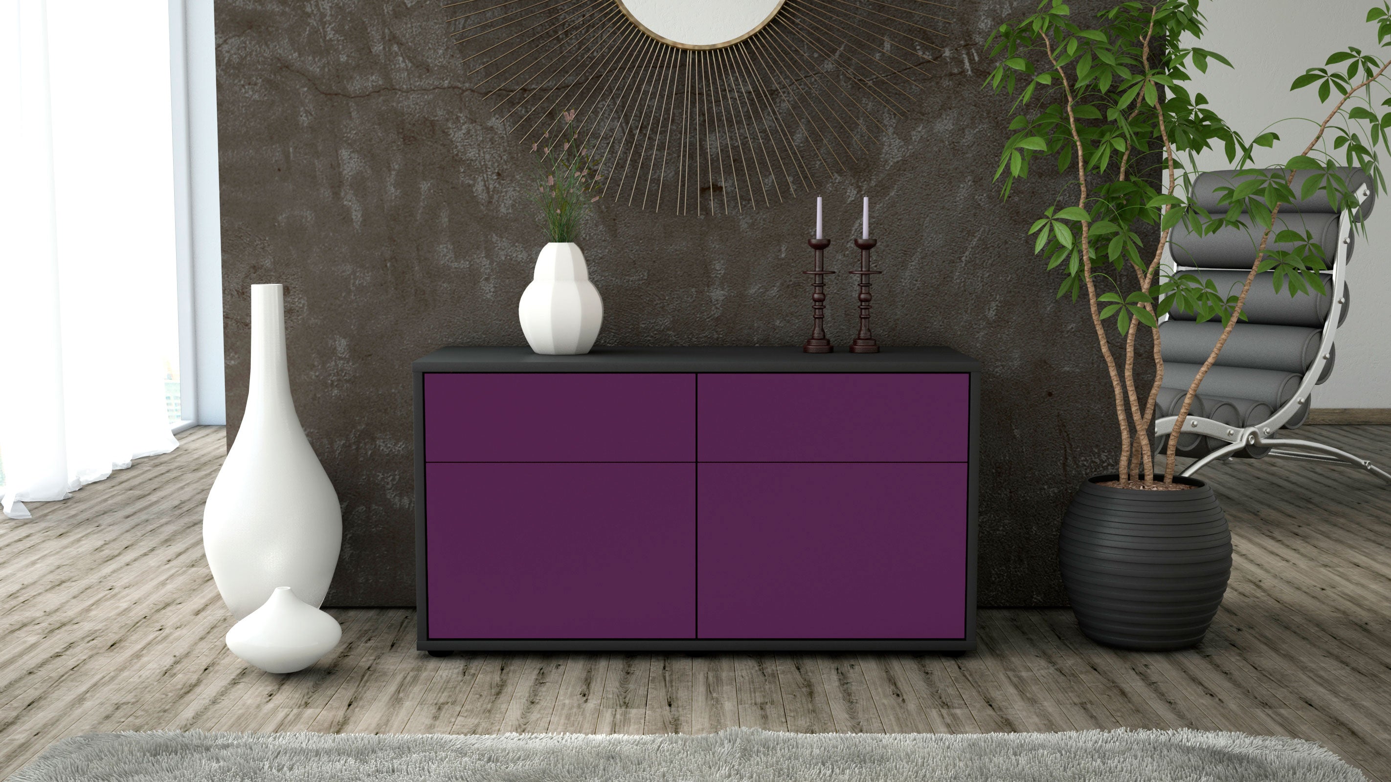 Lowboard - Alena - Design Farbakzent - Freistehend mit Push to Open 92 cm Anthrazit