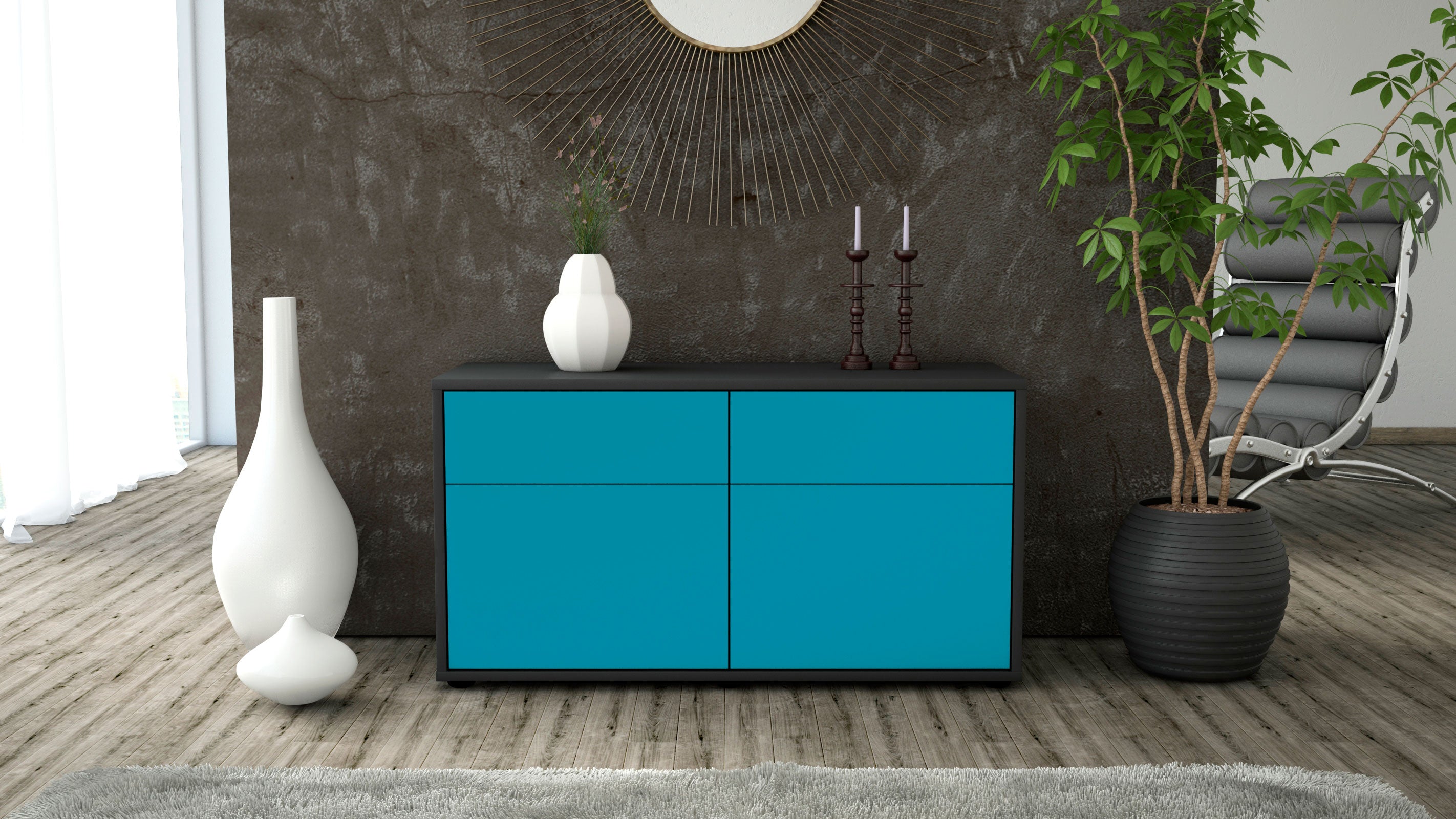 Lowboard - Alena - Design Farbakzent - Freistehend mit Push to Open 92 cm Anthrazit