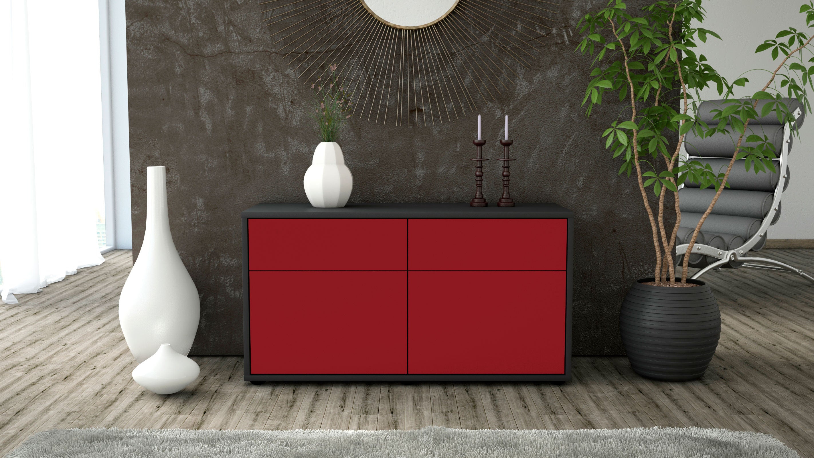Lowboard - Alena - Design Farbakzent - Freistehend mit Push to Open 92 cm Anthrazit