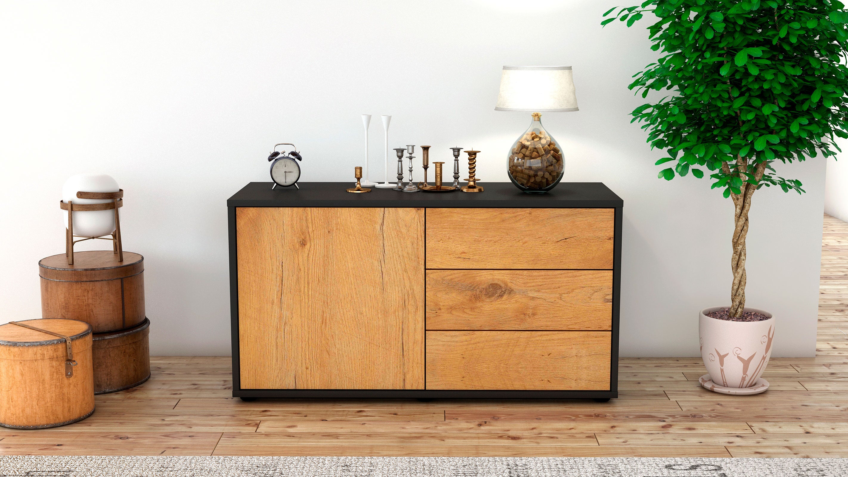 Lowboard - Alessandra - Design Holzdekor - Freistehend mit Push to Open 92 cm Anthrazit