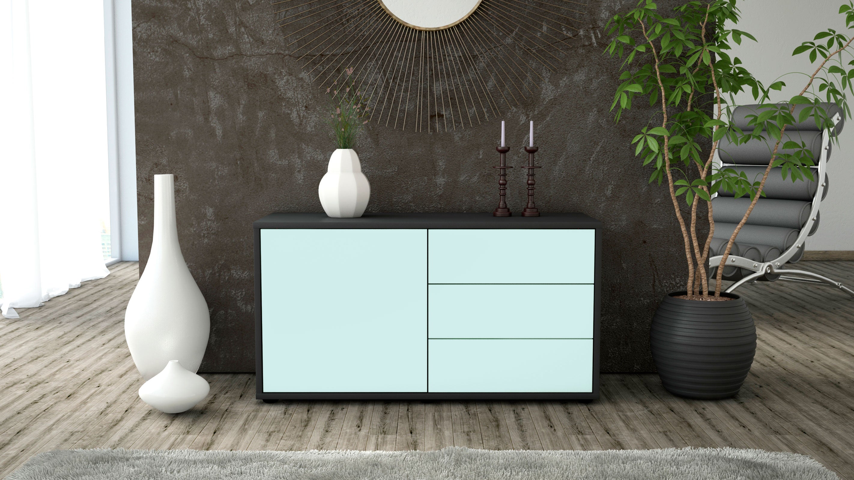 Lowboard - Alessandra - Design Farbakzent - Freistehend mit Push to Open 92 cm Anthrazit