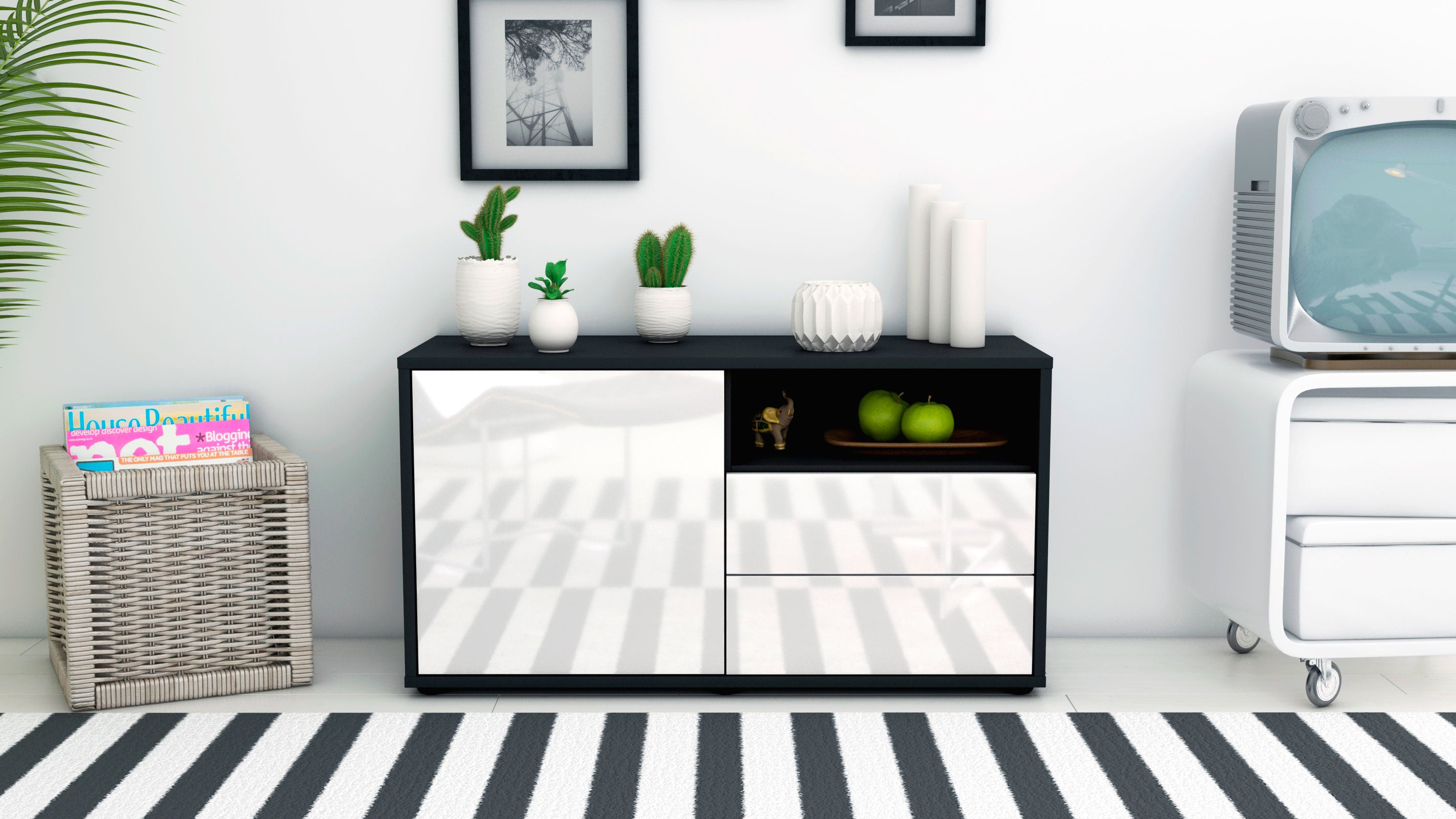Lowboard - Alessia - Design Hochglanz - Freistehend mit Push to Open 92 cm Anthrazit