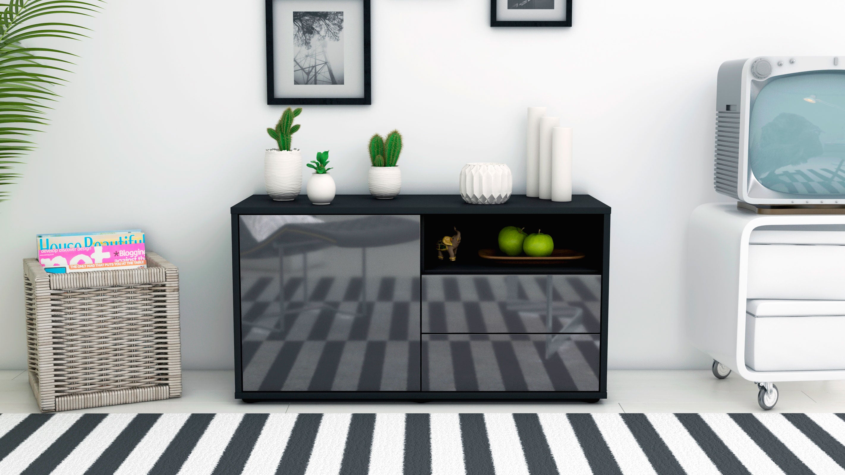 Lowboard - Alessia - Design Hochglanz - Freistehend mit Push to Open 92 cm Anthrazit
