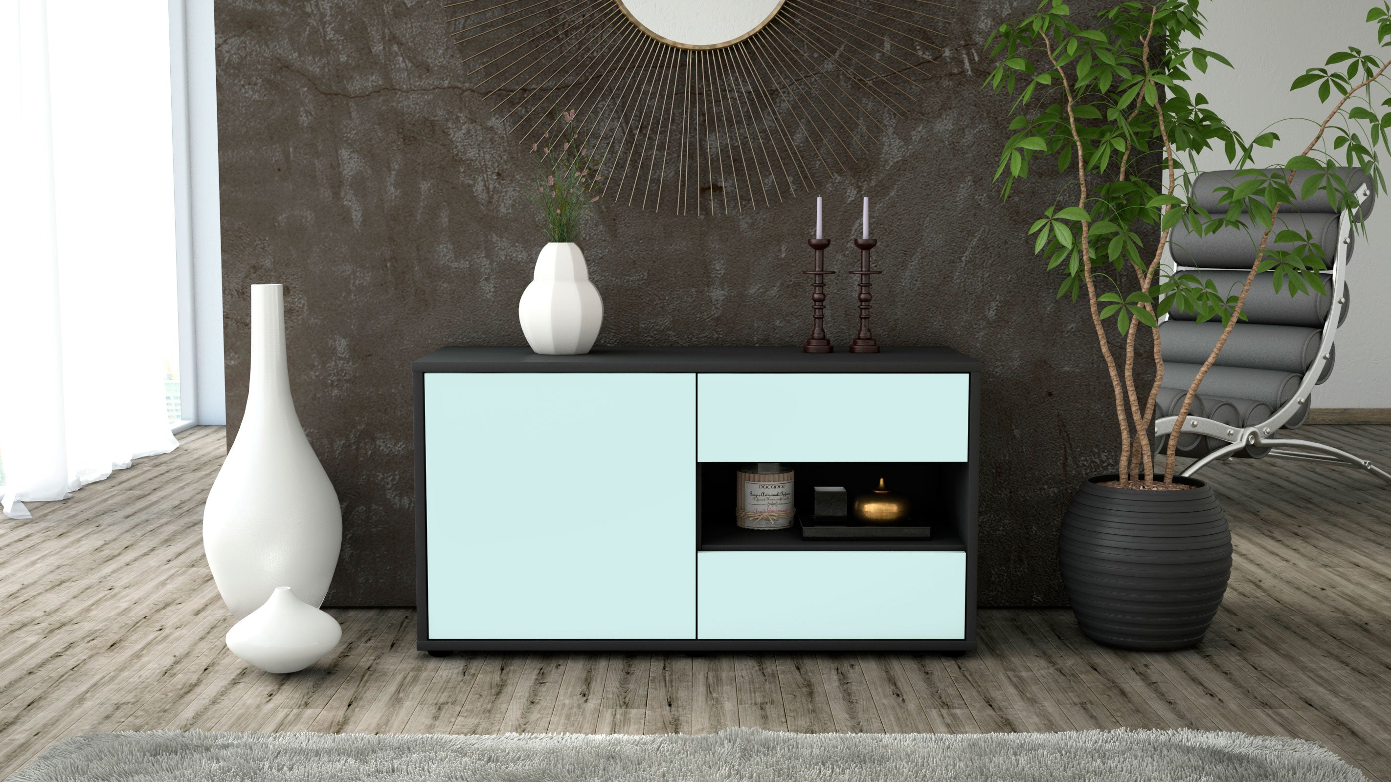 Lowboard - Aleyna - Design Farbakzent - Freistehend mit Push to Open 92 cm Anthrazit