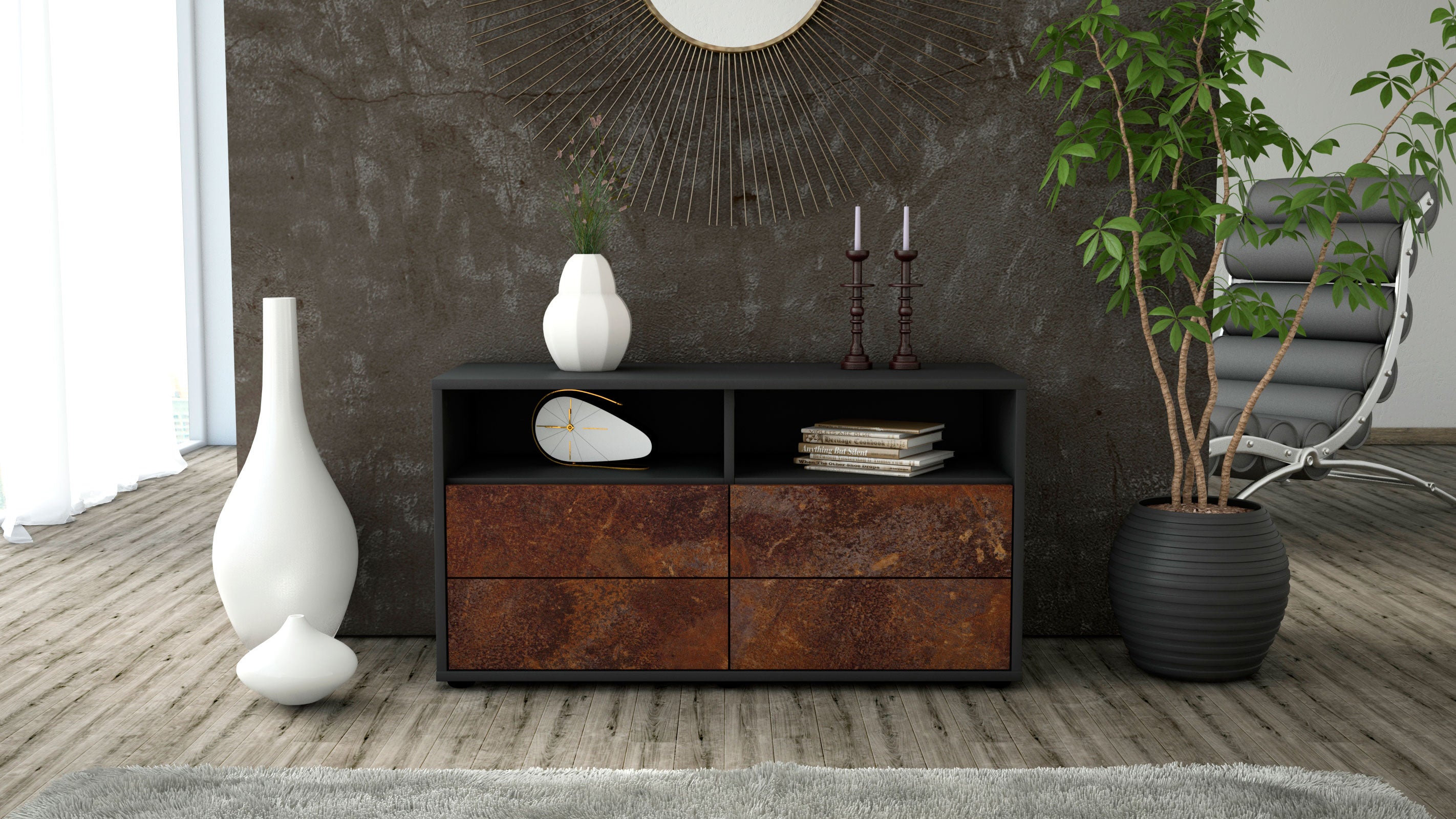 Lowboard - Alia - Design Industrie Stil - Freistehend mit Push to Open 92 cm Anthrazit