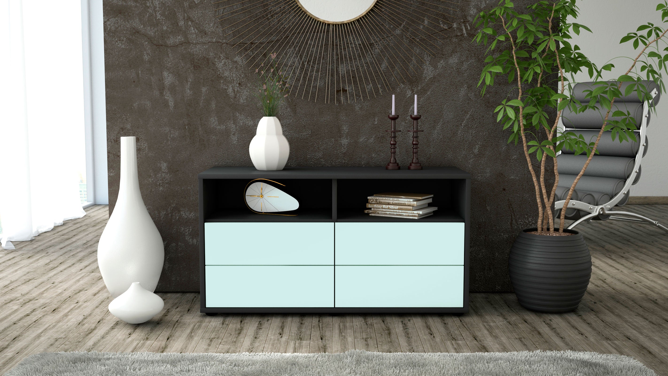 Lowboard - Alia - Design Farbakzent - Freistehend mit Push to Open 92 cm Anthrazit