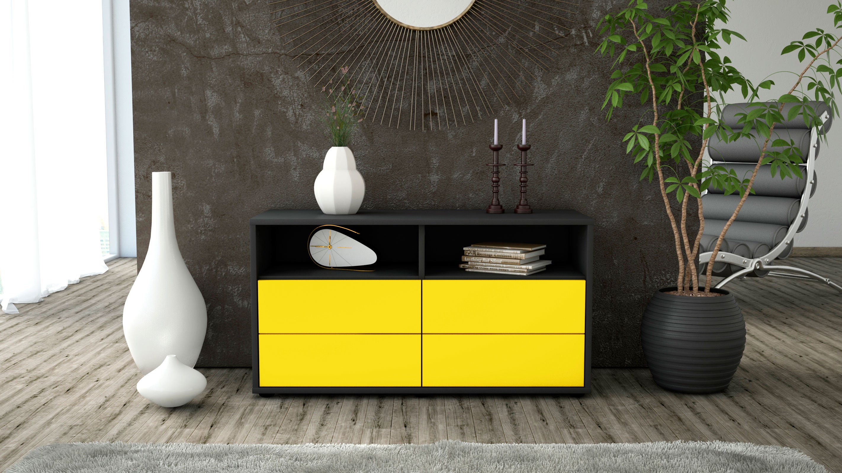 Lowboard - Alia - Design Farbakzent - Freistehend mit Push to Open 92 cm Anthrazit