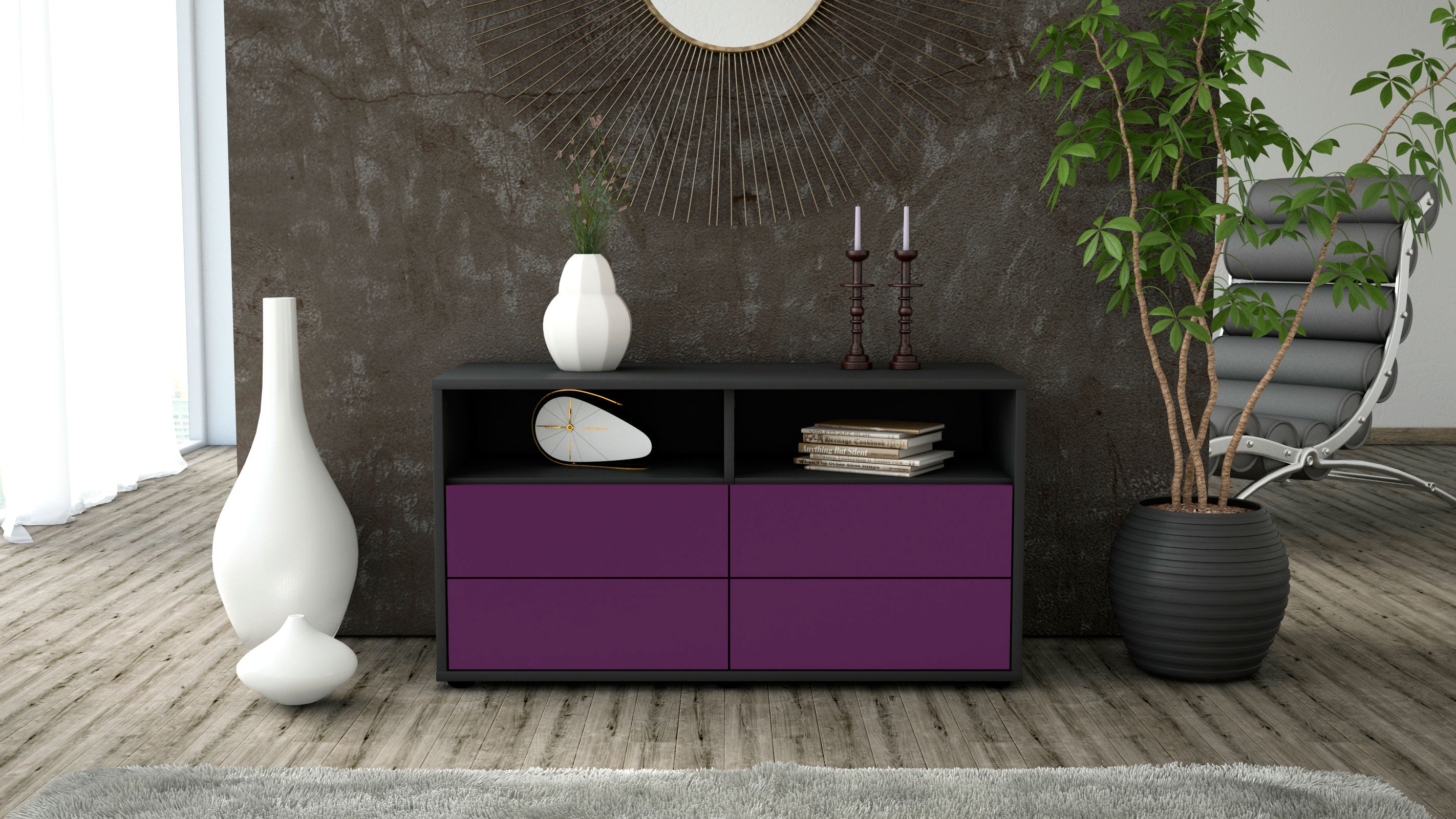 Lowboard - Alia - Design Farbakzent - Freistehend mit Push to Open 92 cm Anthrazit