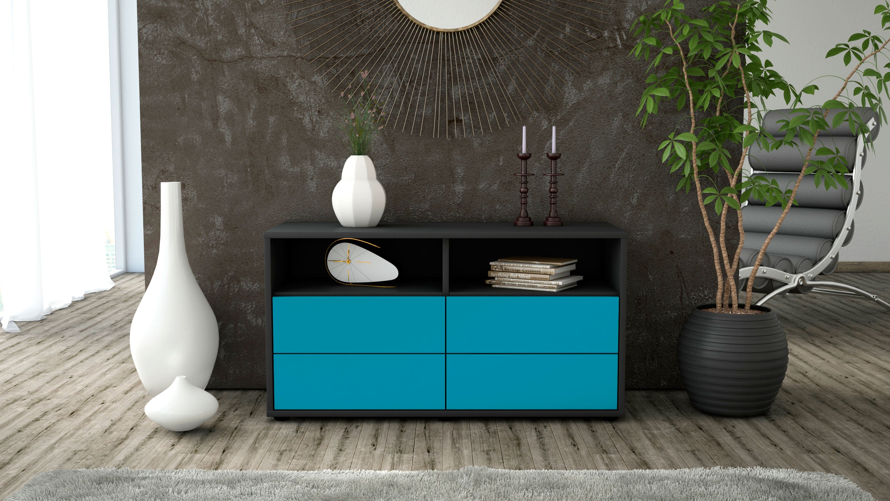 Lowboard - Alia - Design Farbakzent - Freistehend mit Push to Open 92 cm Anthrazit