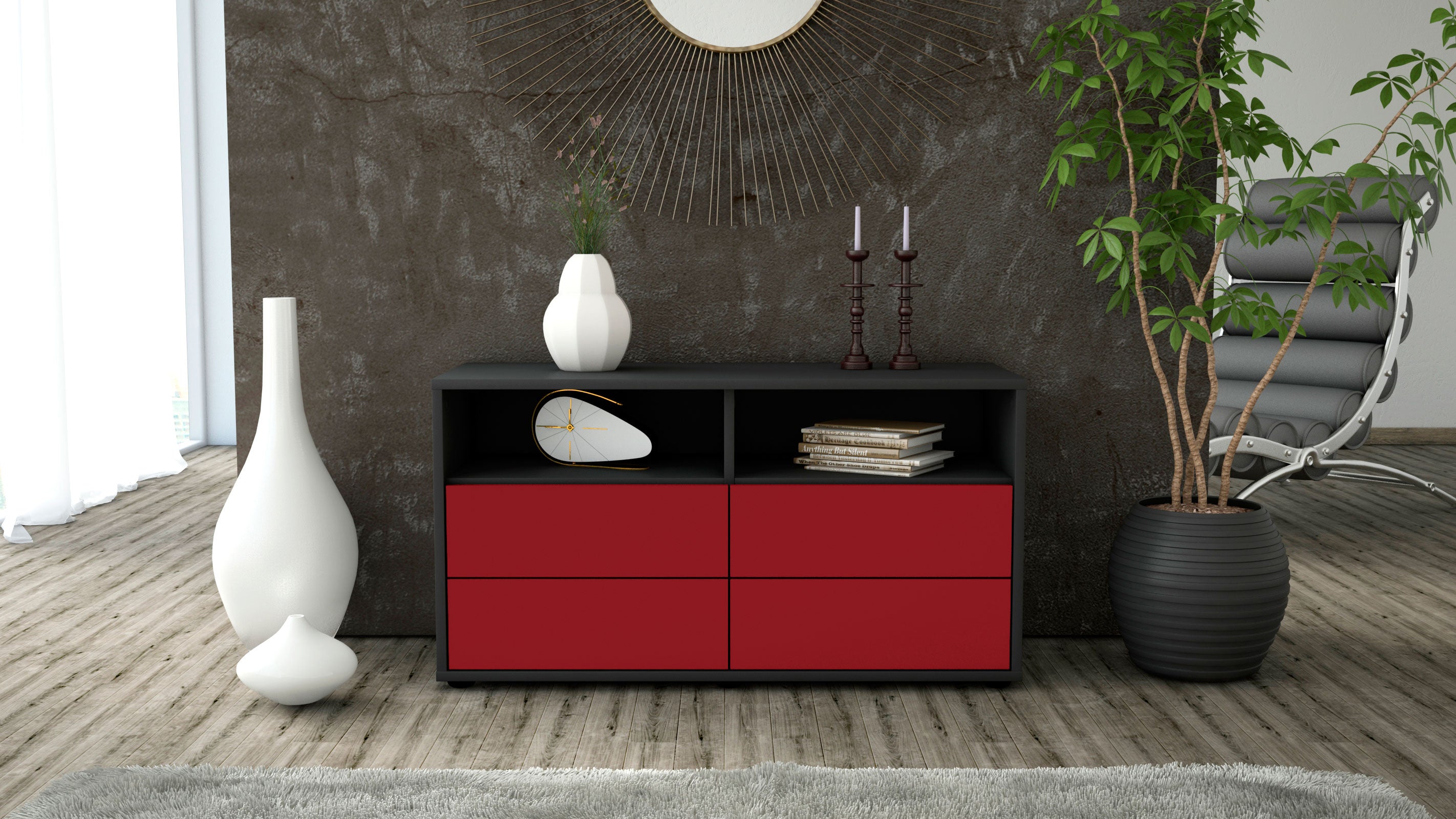 Lowboard - Alia - Design Farbakzent - Freistehend mit Push to Open 92 cm Anthrazit