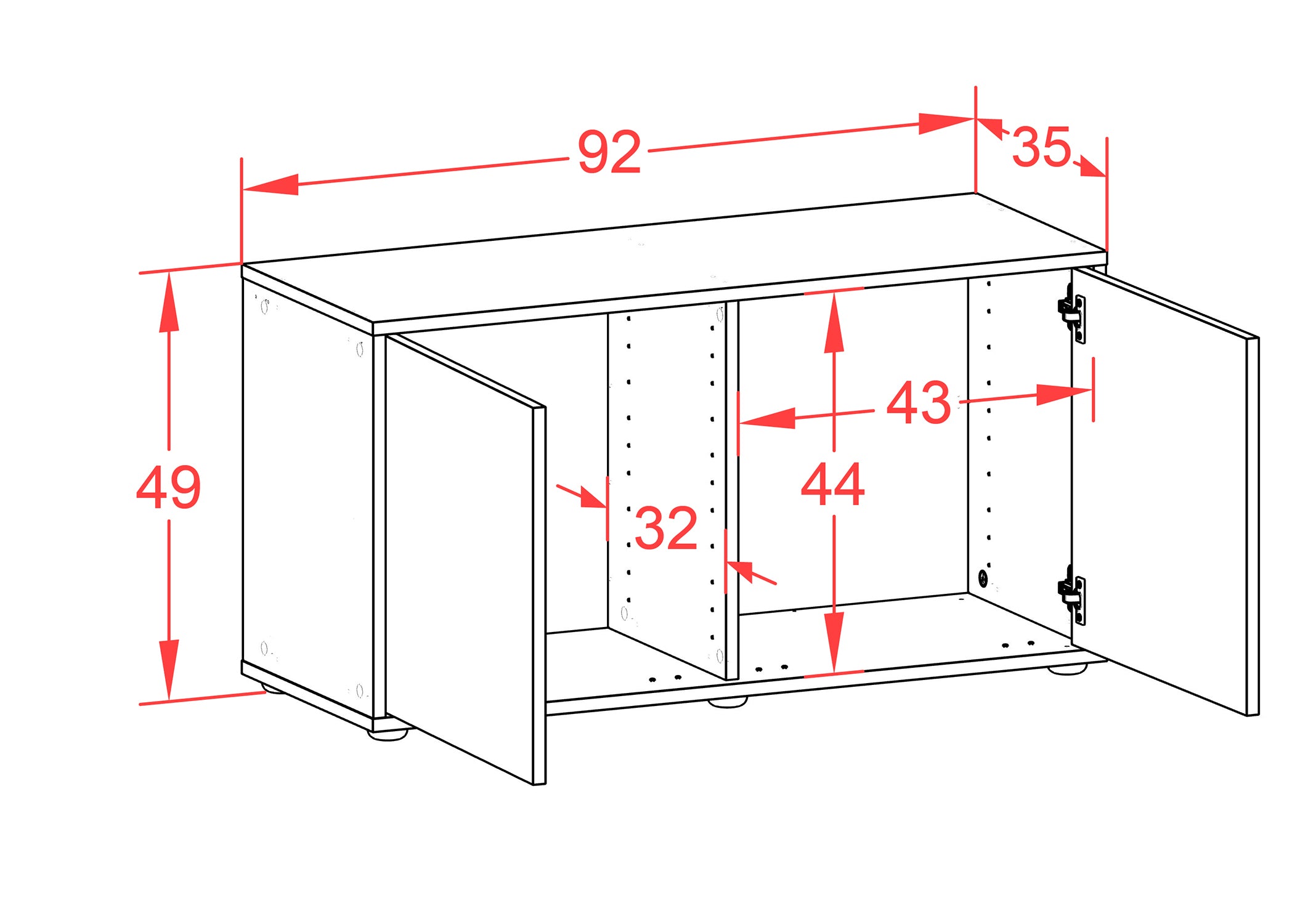 Lowboard - Ada - Design Hochglanz - Freistehend mit Push to Open 92 cm Weiss